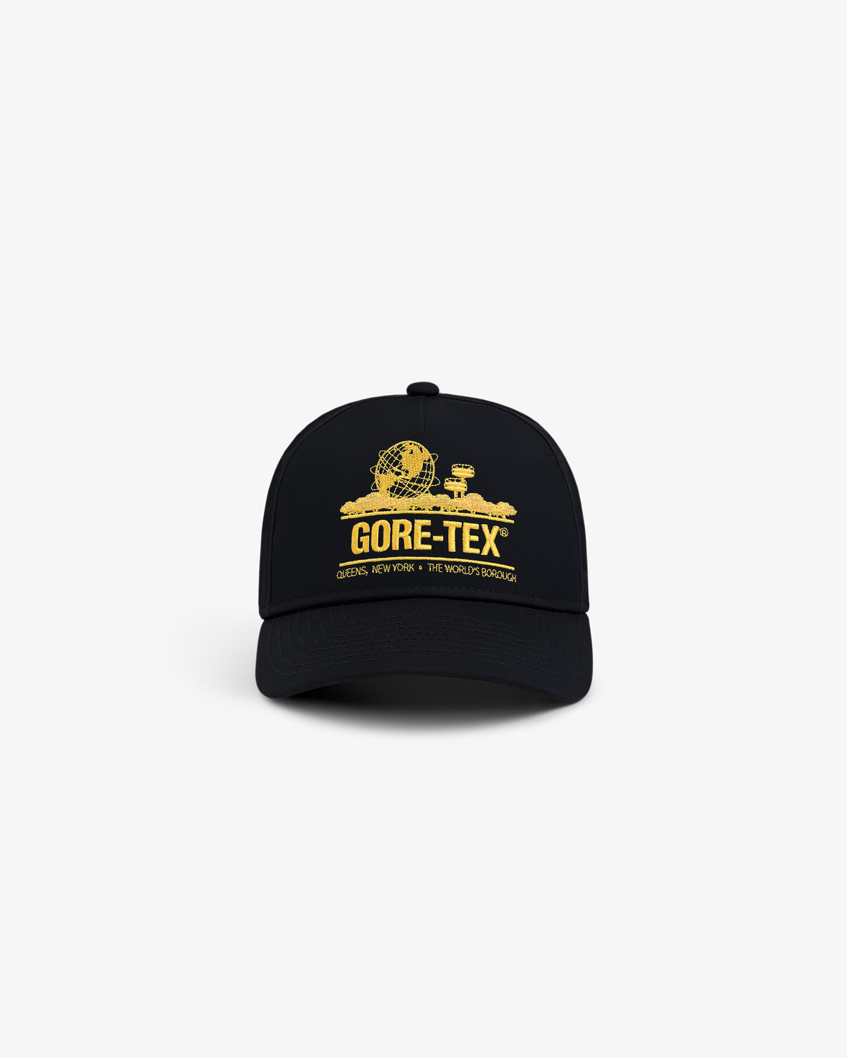 The GORE-TEX Unisphere Hat is a black cap with a yellow globe and buildings graphic plus GORE-TEX text on the front.