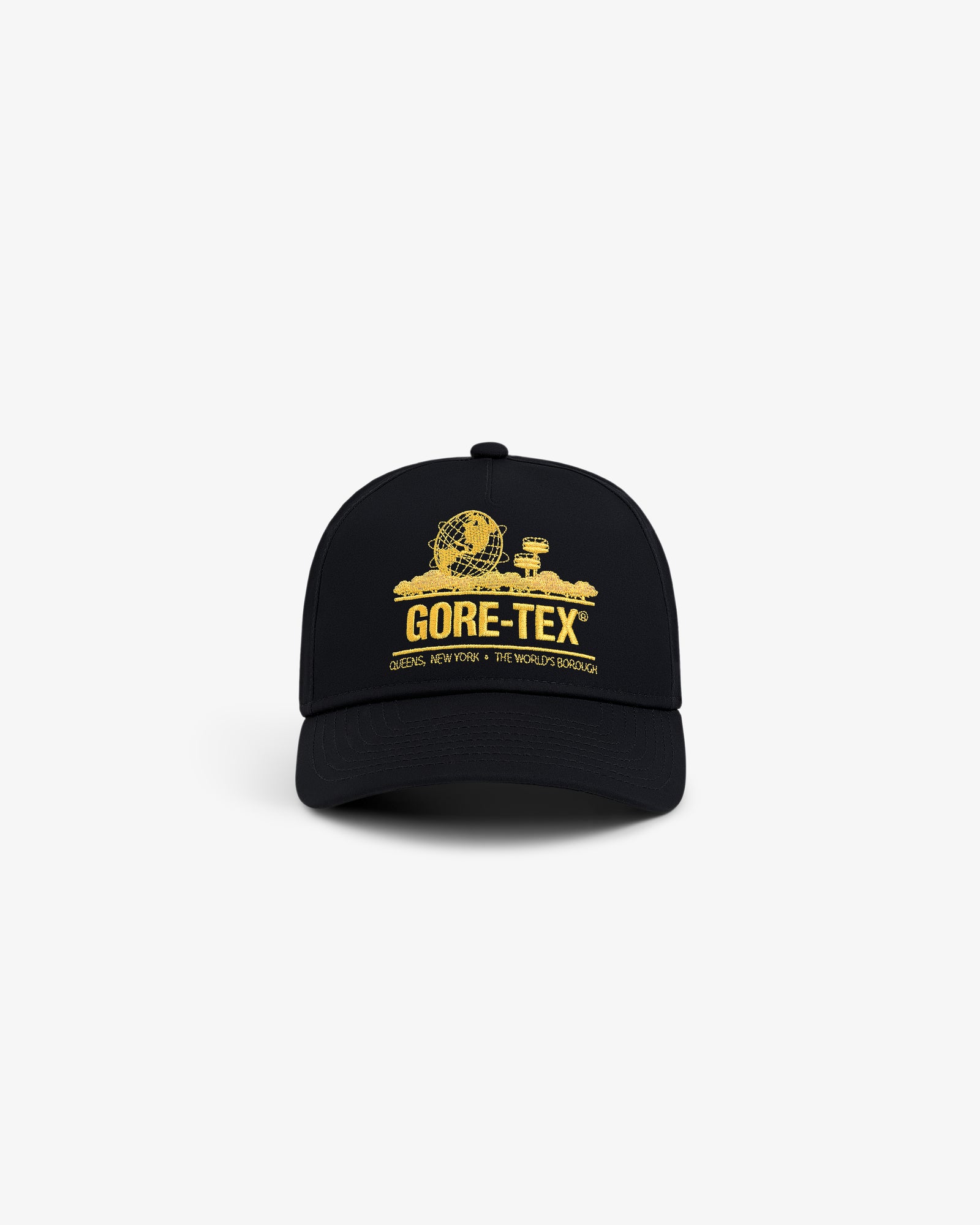 The GORE-TEX Unisphere Hat is a black cap with a yellow globe and buildings graphic plus GORE-TEX text on the front.