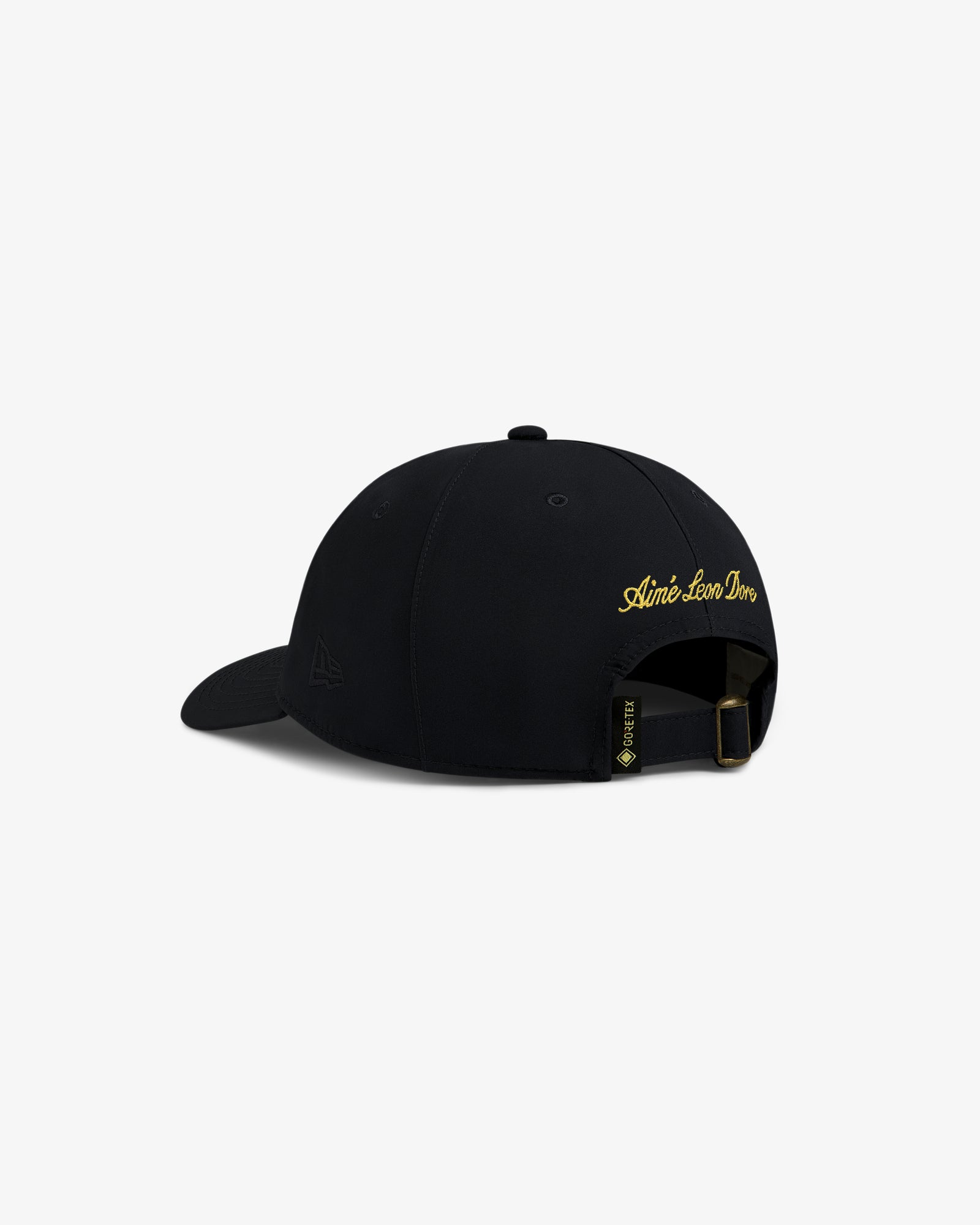 Black GORE-TEX Unisphere Hat seen from the back, Aimé Leon Dore in yellow above the adjustable strap.
