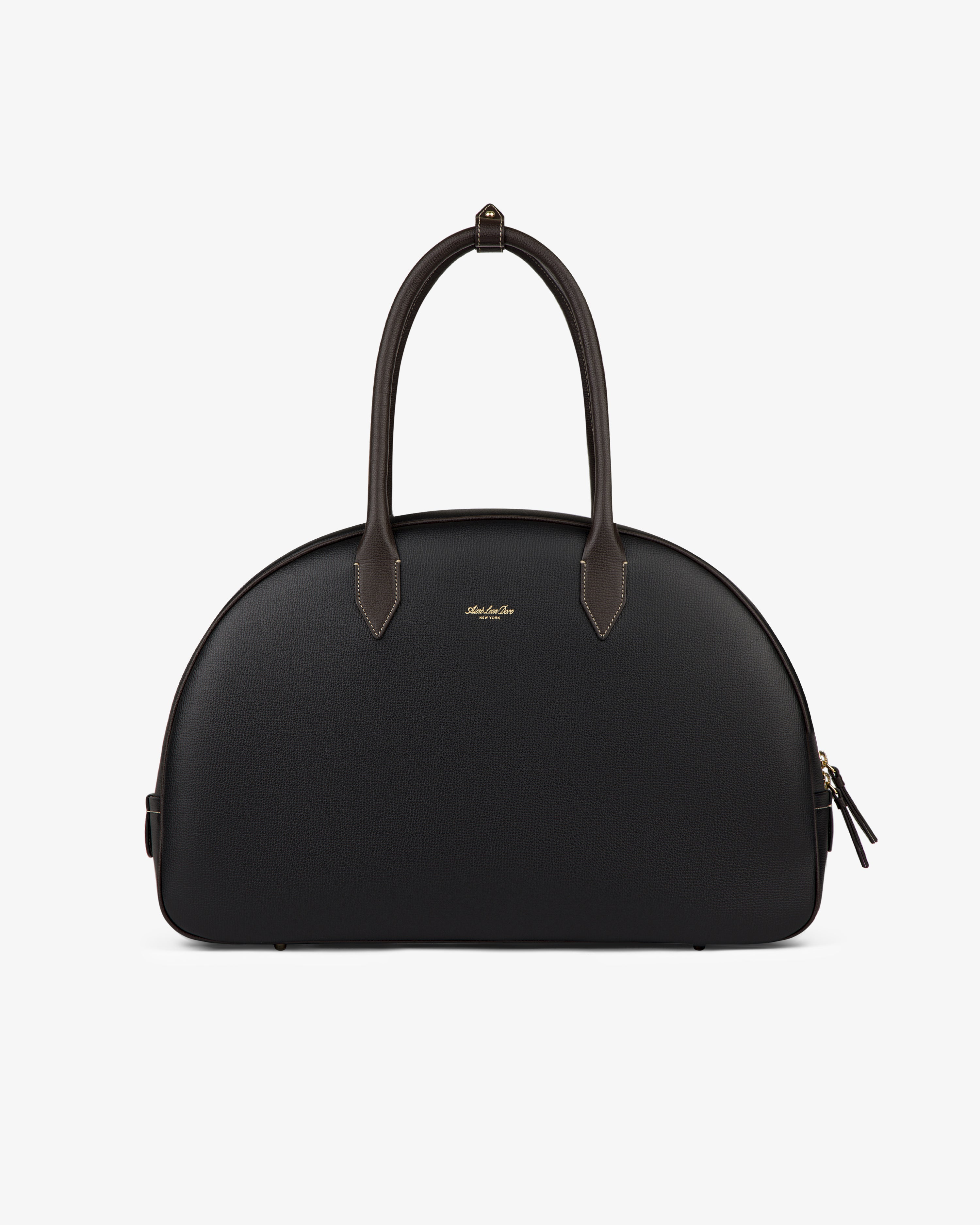 Full Grain Leather Crescent Shoulder Bag in black with curved top, structured shape, two handles, and gold center logo.