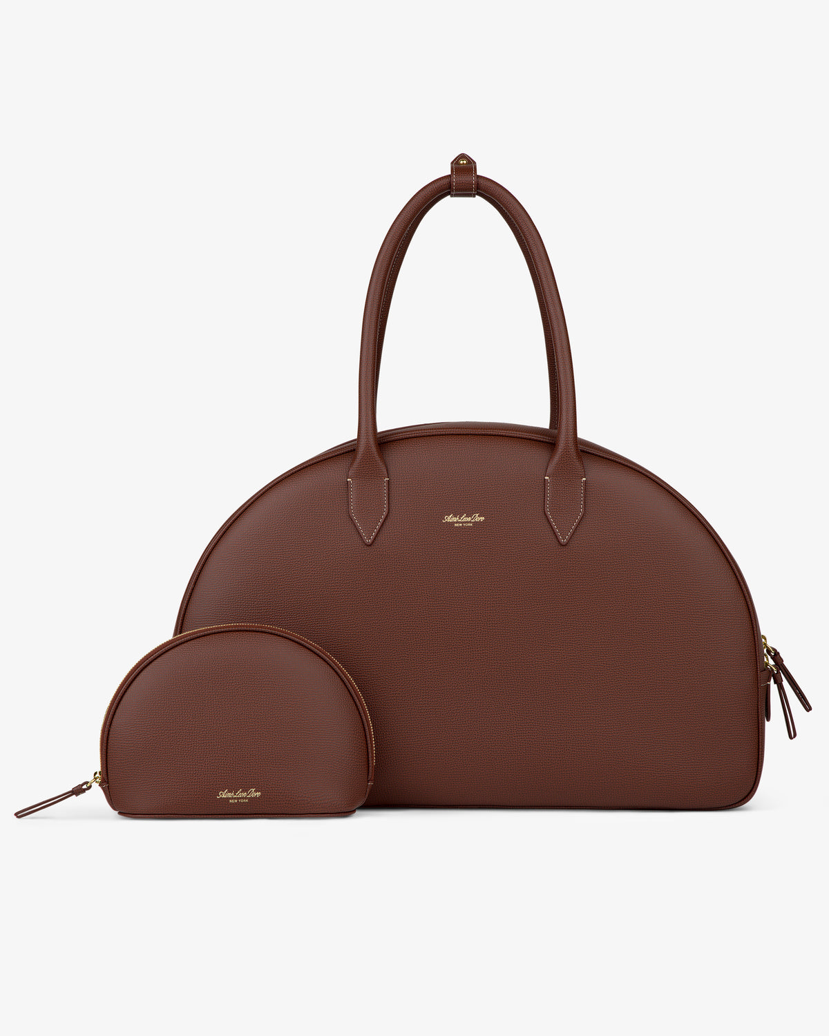 Two Full Grain Leather Crescent Shoulder Bags, one large and one small, both brown with gold zippers and front gold logos.