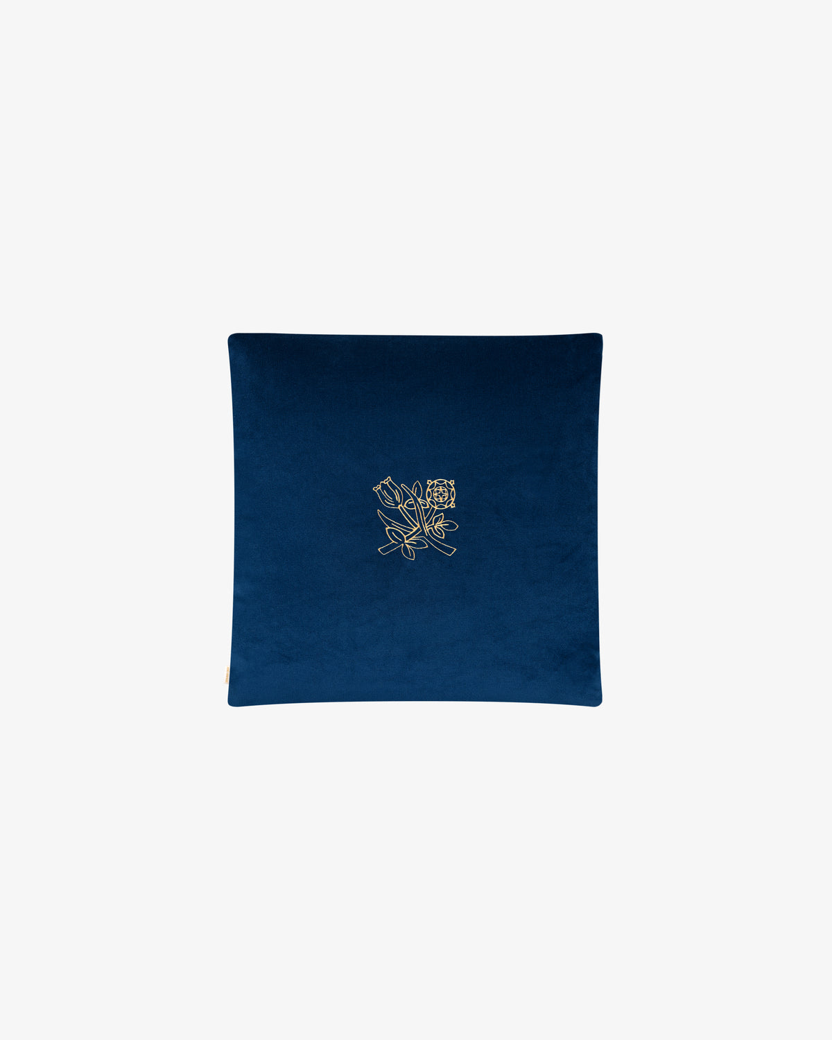 Queens Crest Throw Pillow: square blue velvet with a gold embroidered floral design, set against a plain white background.