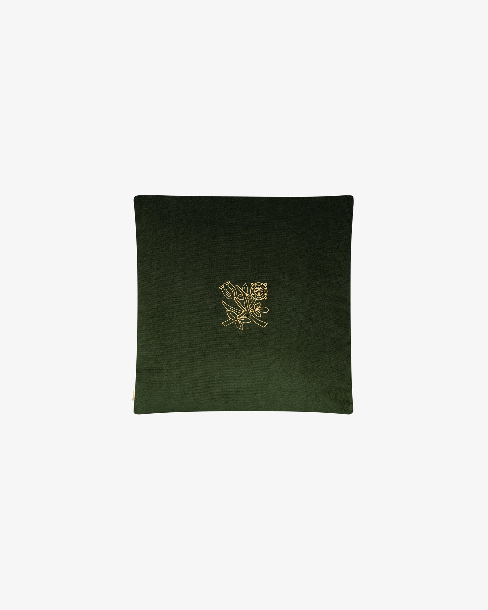 Queens Crest Throw Pillow: square, dark green with central gold floral embroidery, shown on a white background.