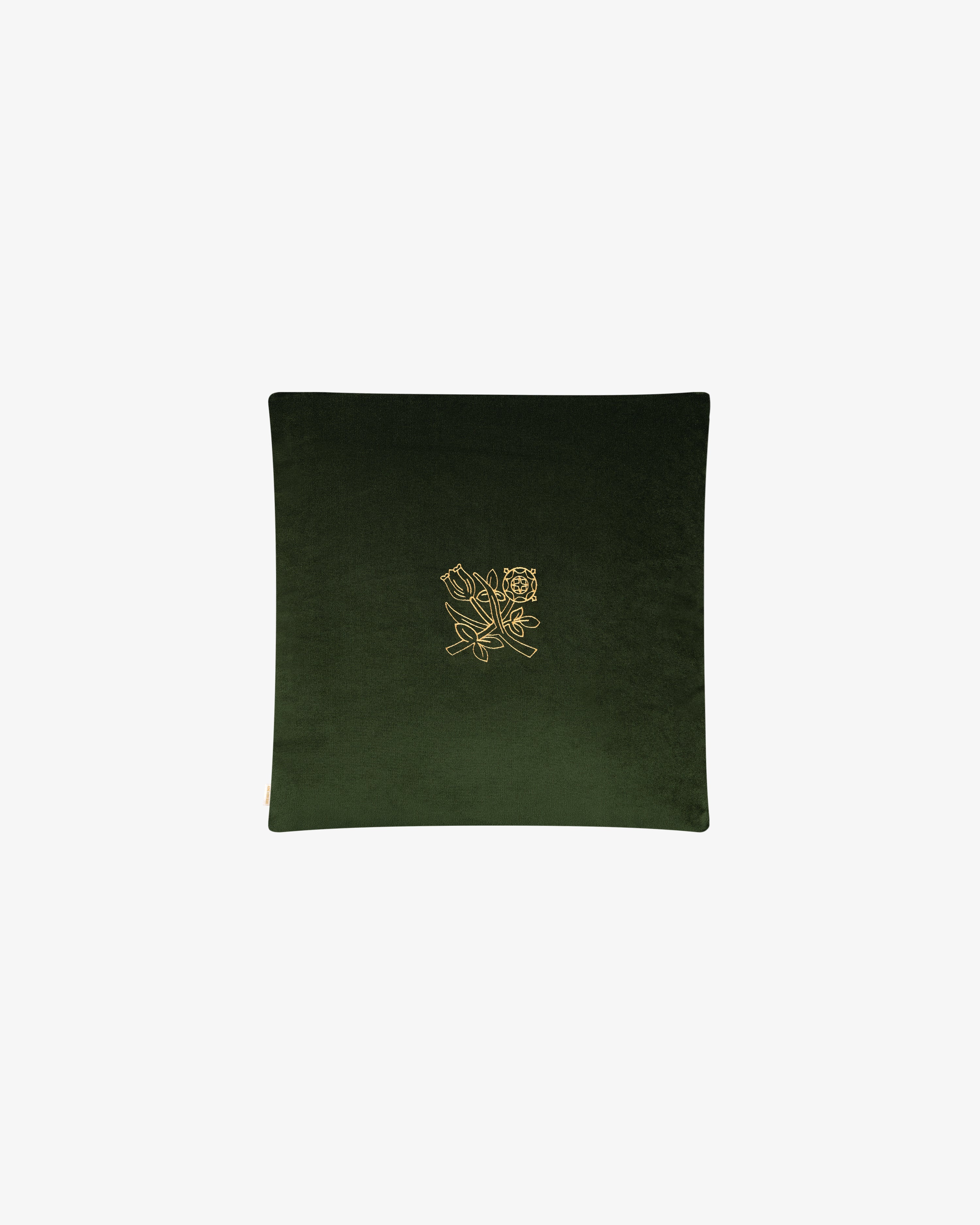 Queens Crest Throw Pillow: square, dark green with central gold floral embroidery, shown on a white background.
