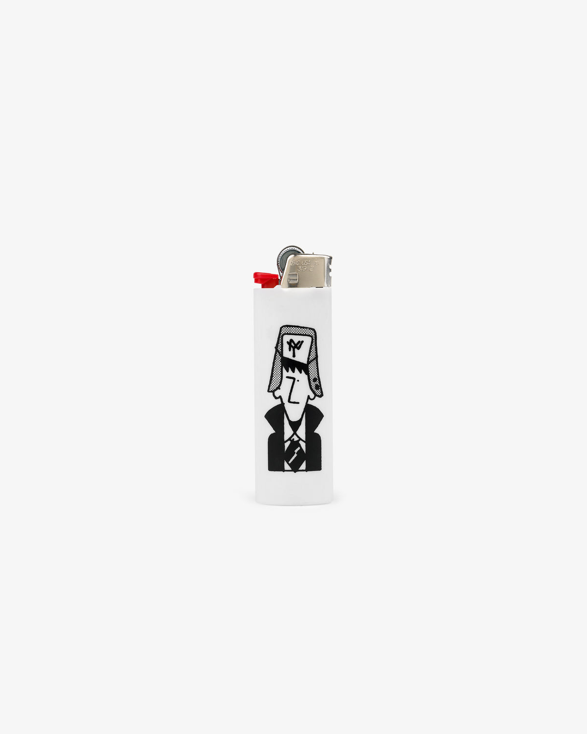 Caricature Lighter: white with a black line drawing of a person in a winter hat and suit on the front.