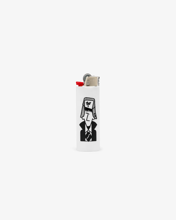 Caricature Lighter: white with a black line drawing of a person in a winter hat and suit on the front.