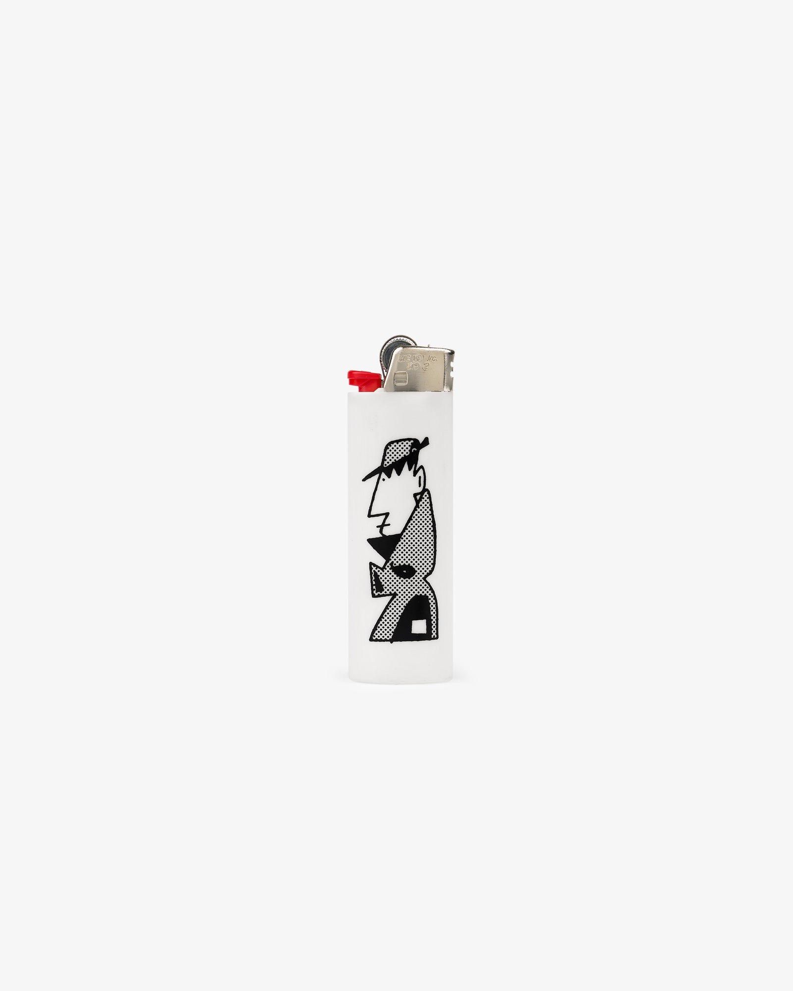 Caricature Lighter: White with a black abstract cartoon of a man's face and upper body on the front.