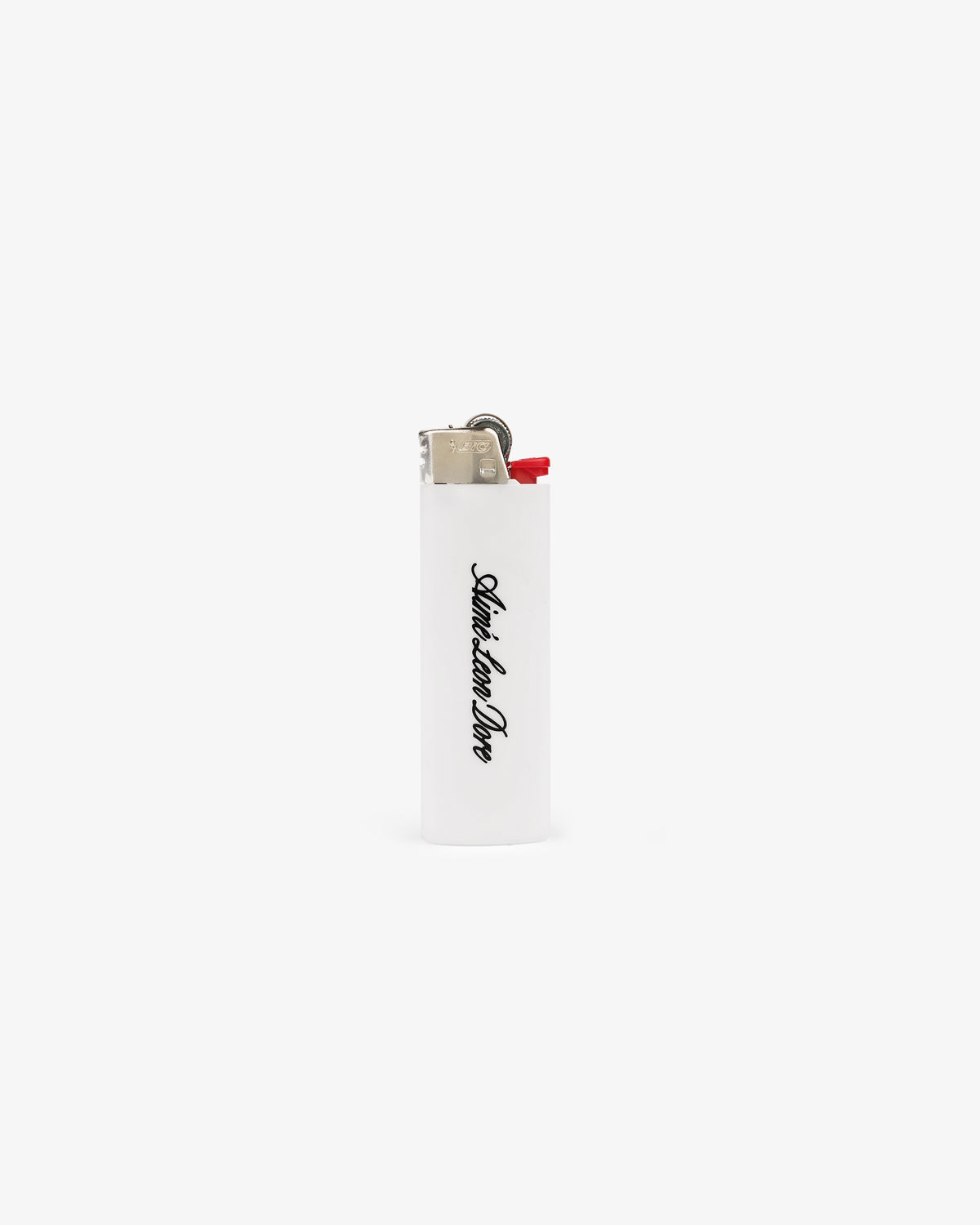 A Caricature Lighter stands upright on a plain white background with Another Day in black script on its white body.