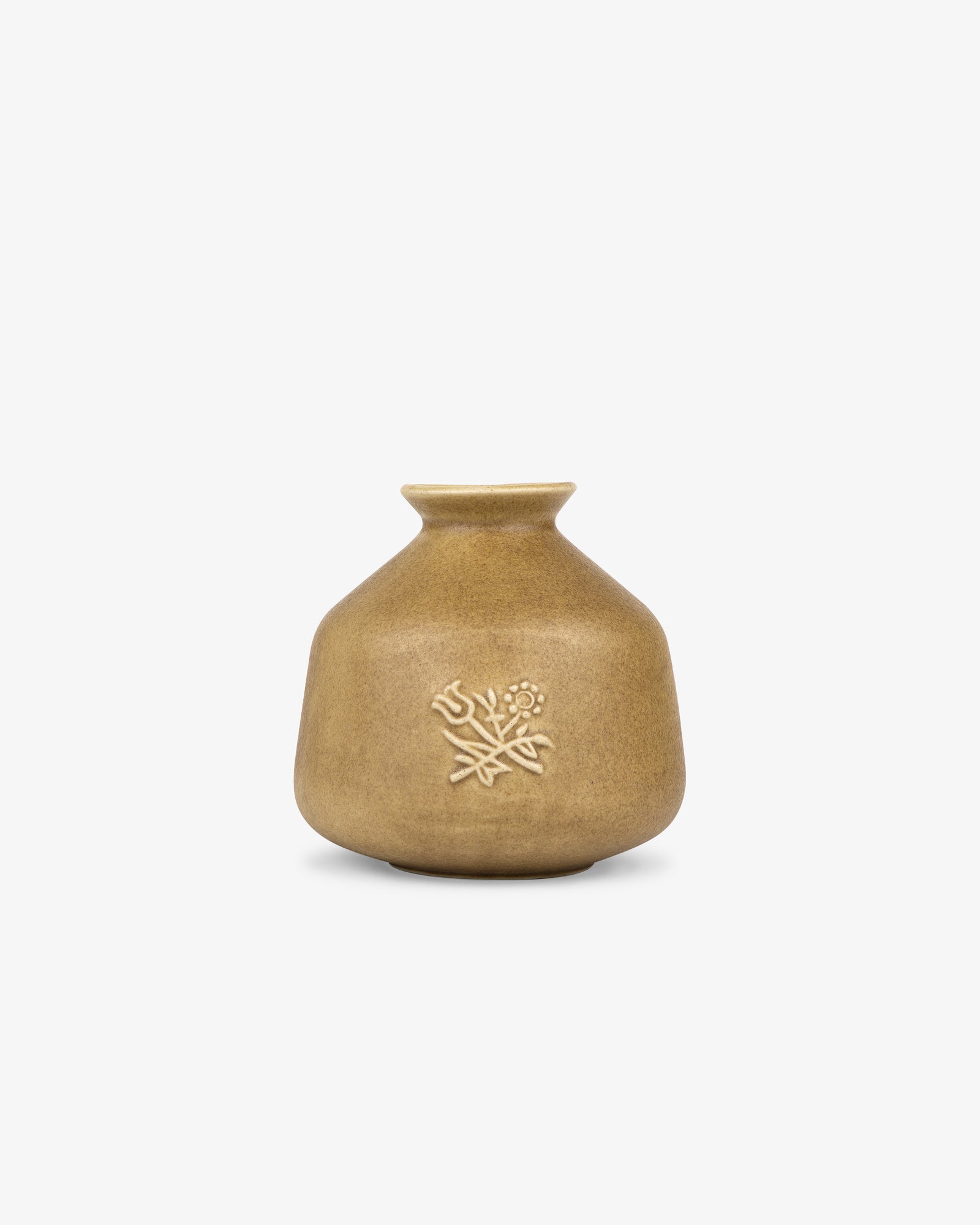 Queens Crest Artisanal Bud Vase—small matte brown ceramic with narrow neck, embossed floral design, on white background.