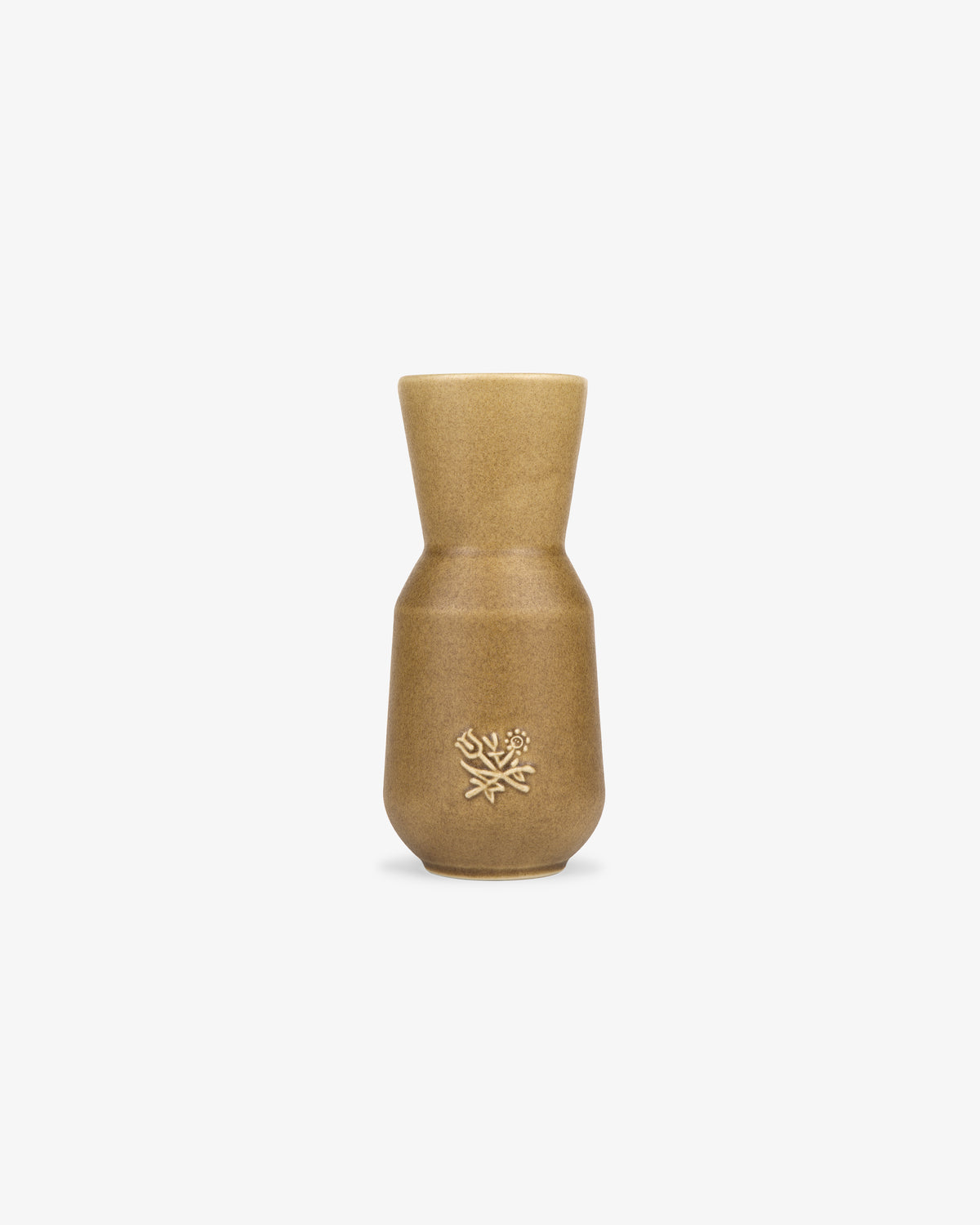 Queens Crest Artisanal Vase: tan ceramic with a simple embossed floral design, shown on a white background.