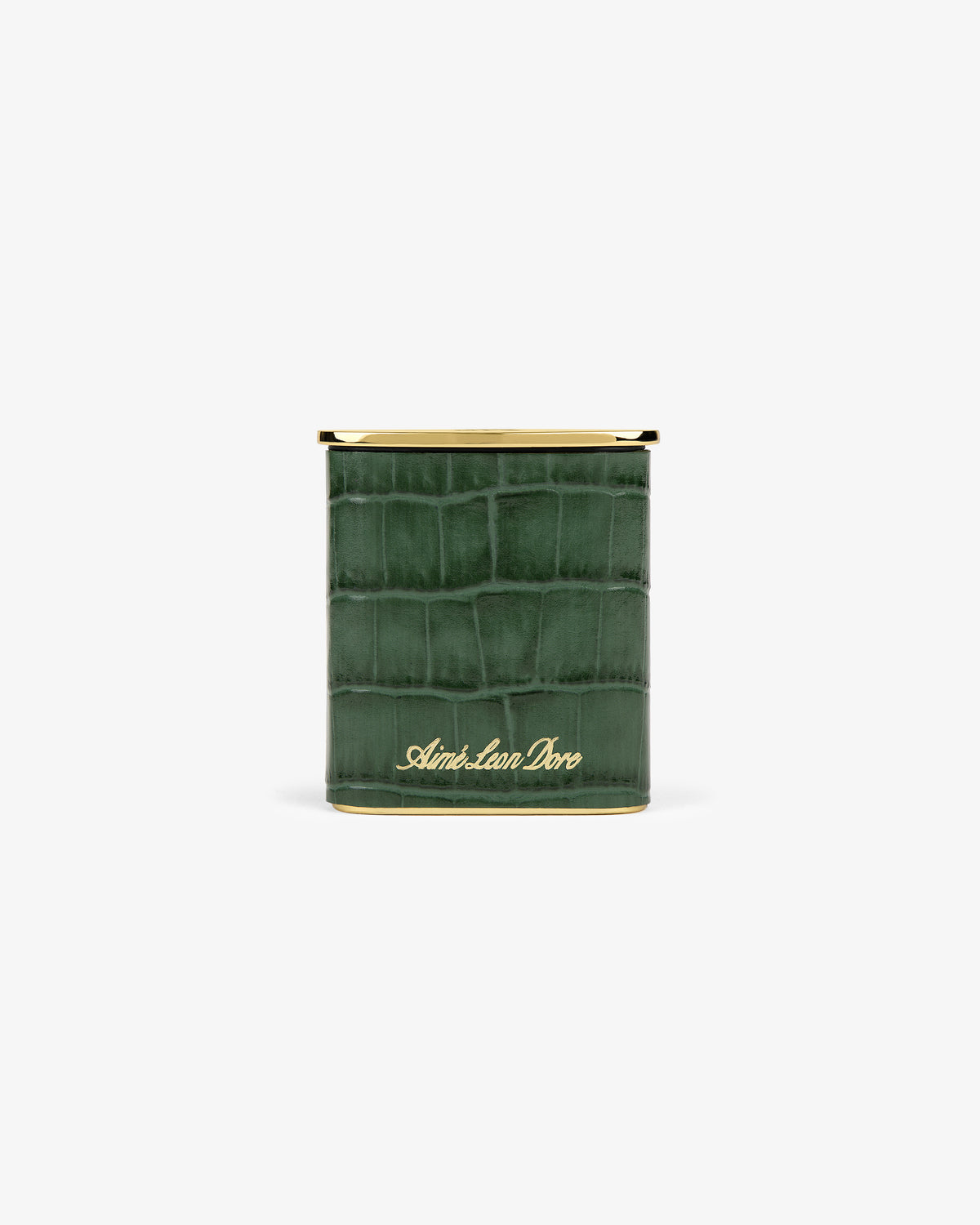 A green faux-crocodile Queens Crest Croc Portable Ashtray with gold trim and Aimé Leon Dore script on the front.