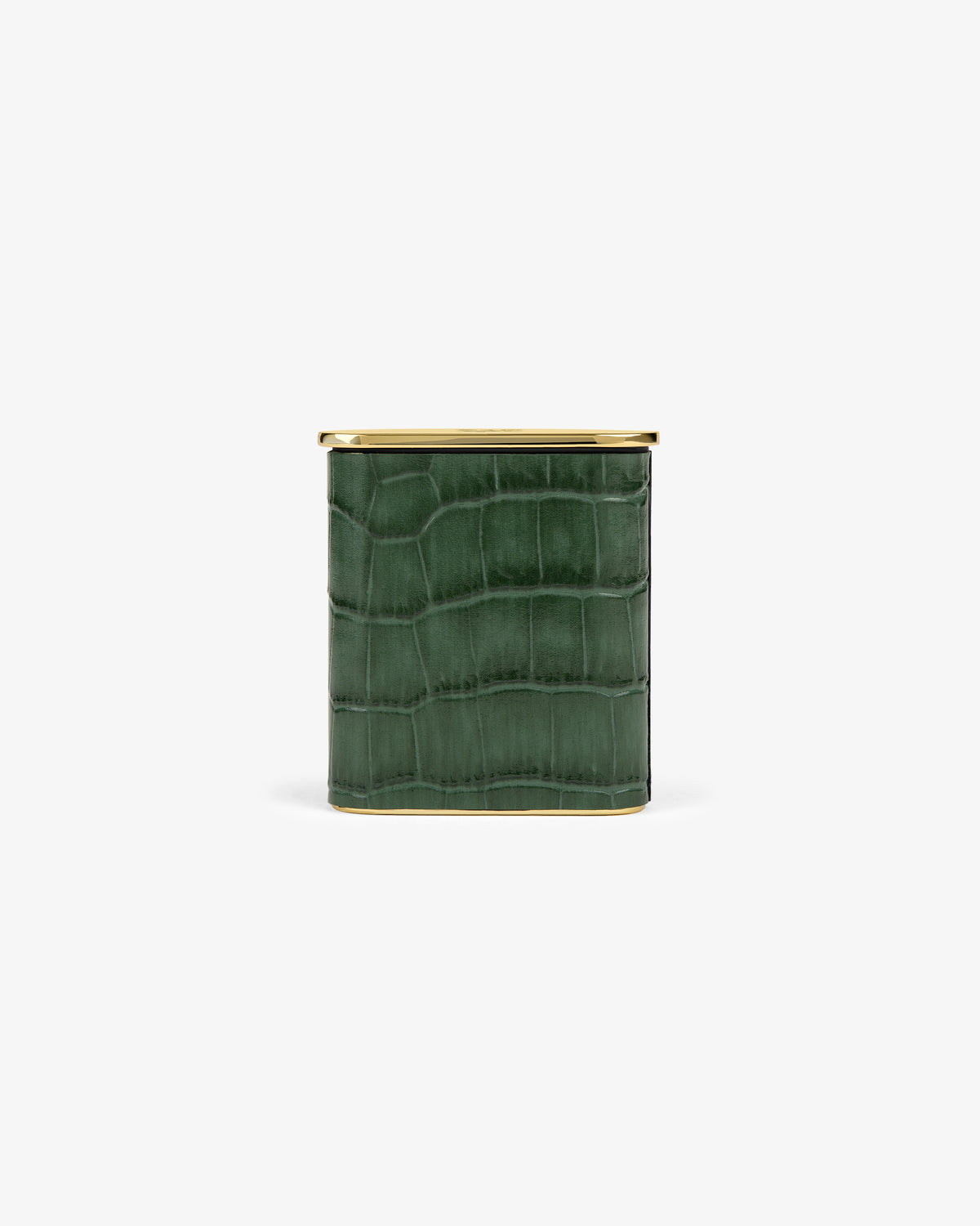 The Queens Crest Croc Portable Ashtray is a square green container with a crocodile texture and gold lid on white background.