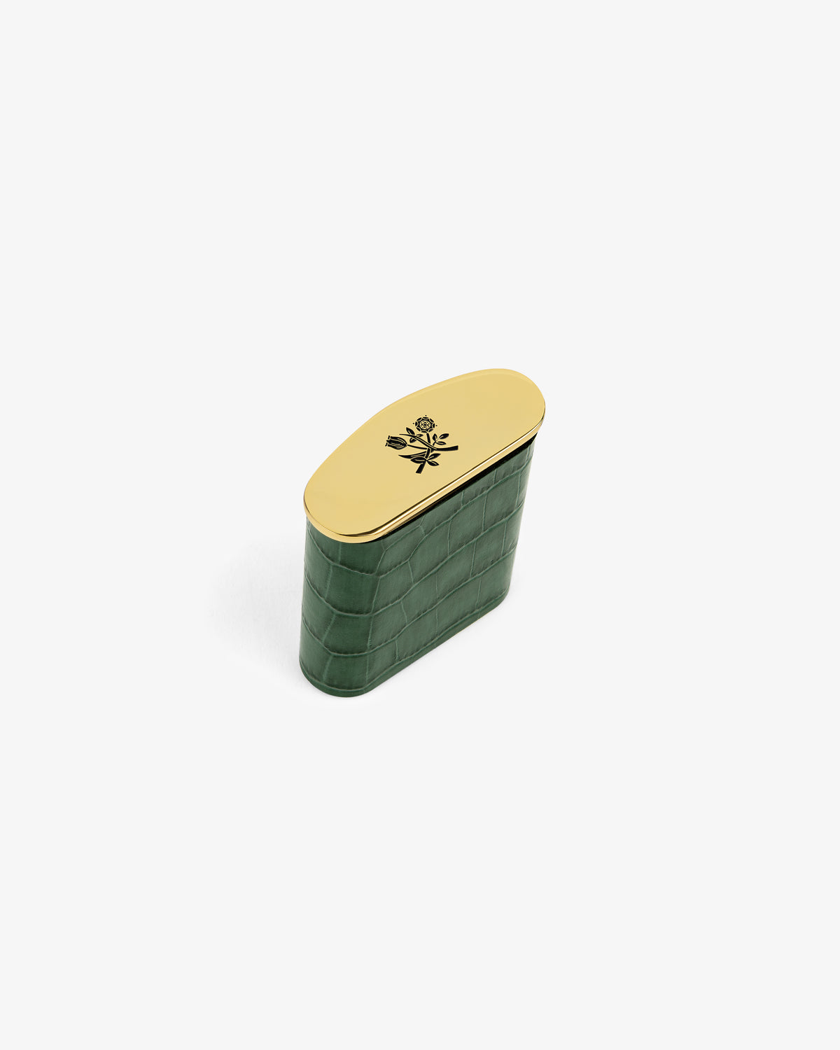 Queens Crest Croc Portable Ashtray: small green croc-textured case, gold lid with black rose, on a white background.