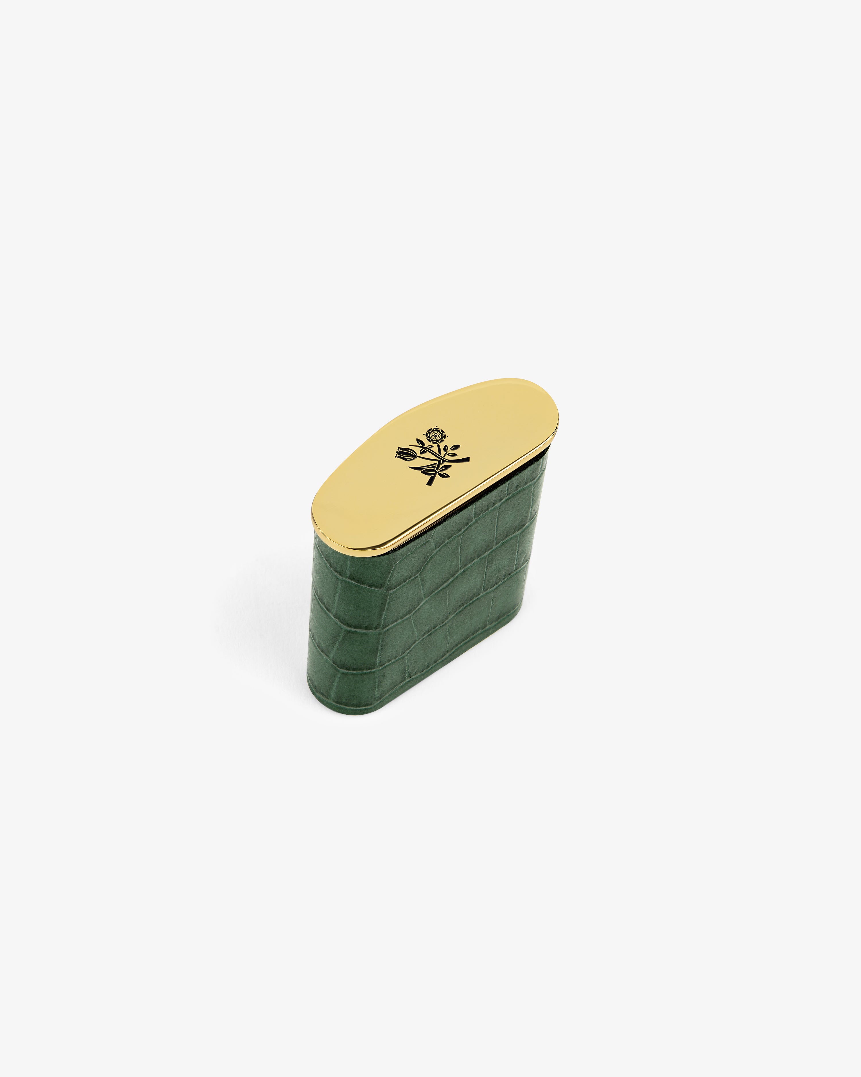 Queens Crest Croc Portable Ashtray: small green croc-textured case, gold lid with black rose, on a white background.