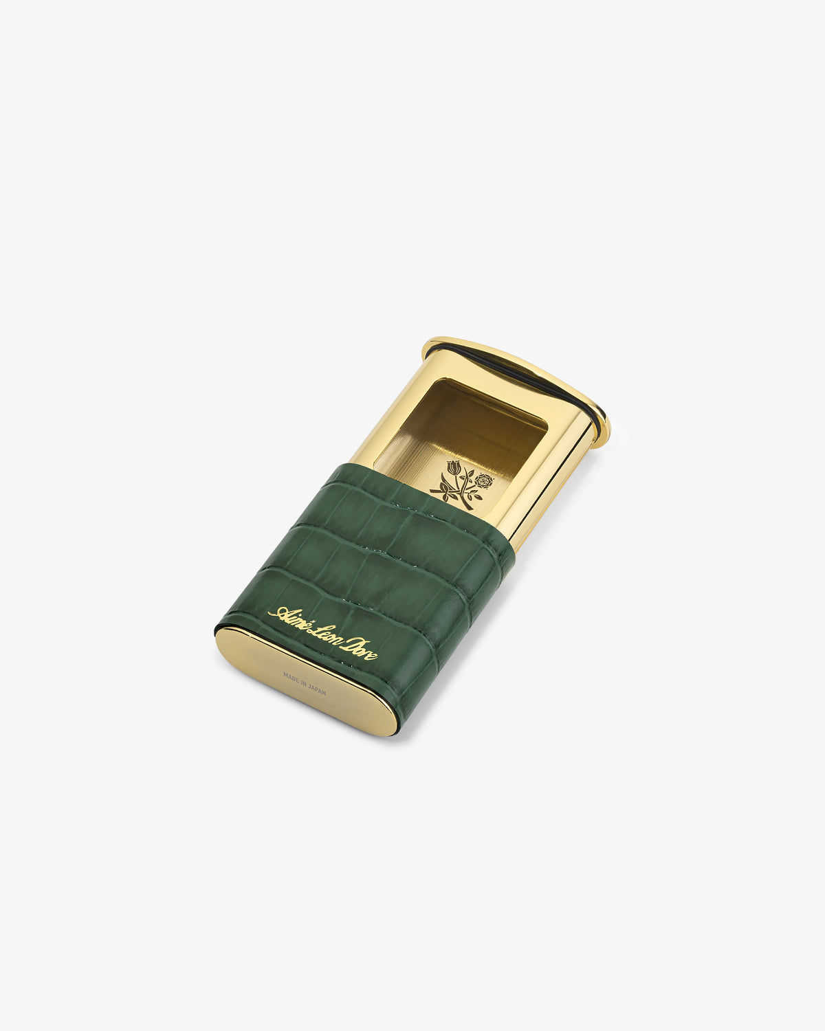 The Queens Crest Croc Portable Ashtray is a gold and green luxury ashtray with a sliding cover, emblem, and decorative text.