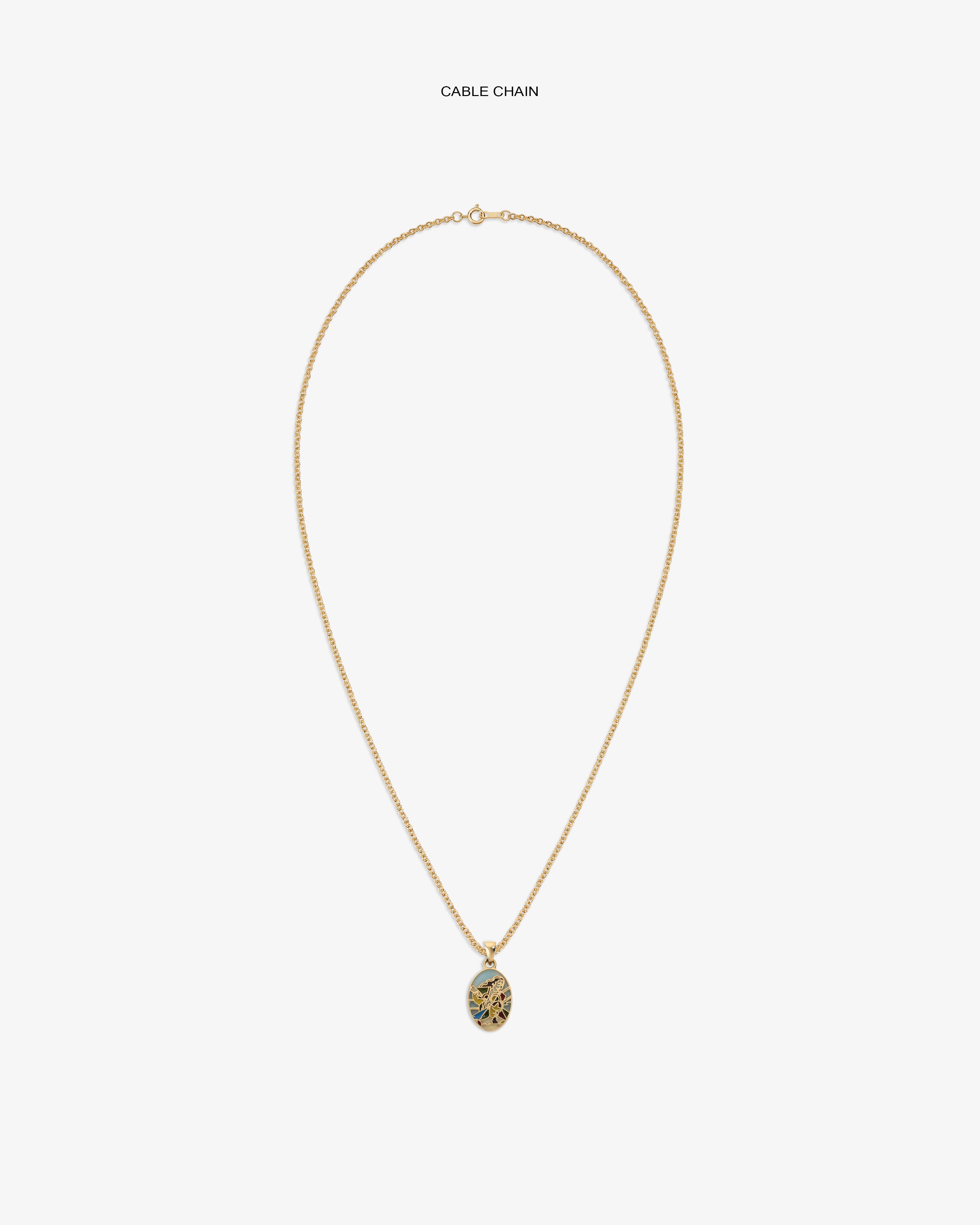 14Kt Gold Molina Pendant: gold cable chain necklace with round pendant and blue-gold tree design.