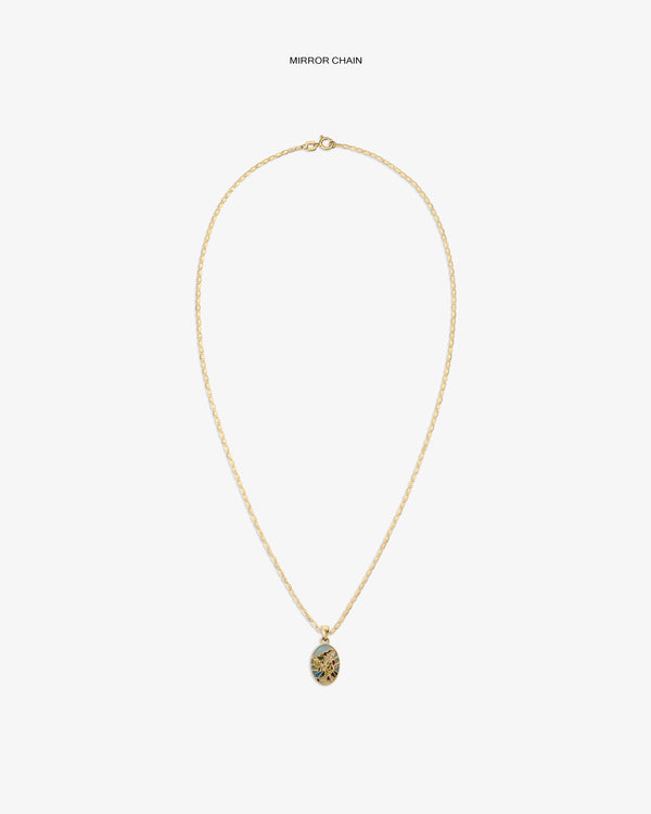 14Kt Gold Molina Pendant featuring a twisted chain and ornate oval charm, shown on a plain white background.