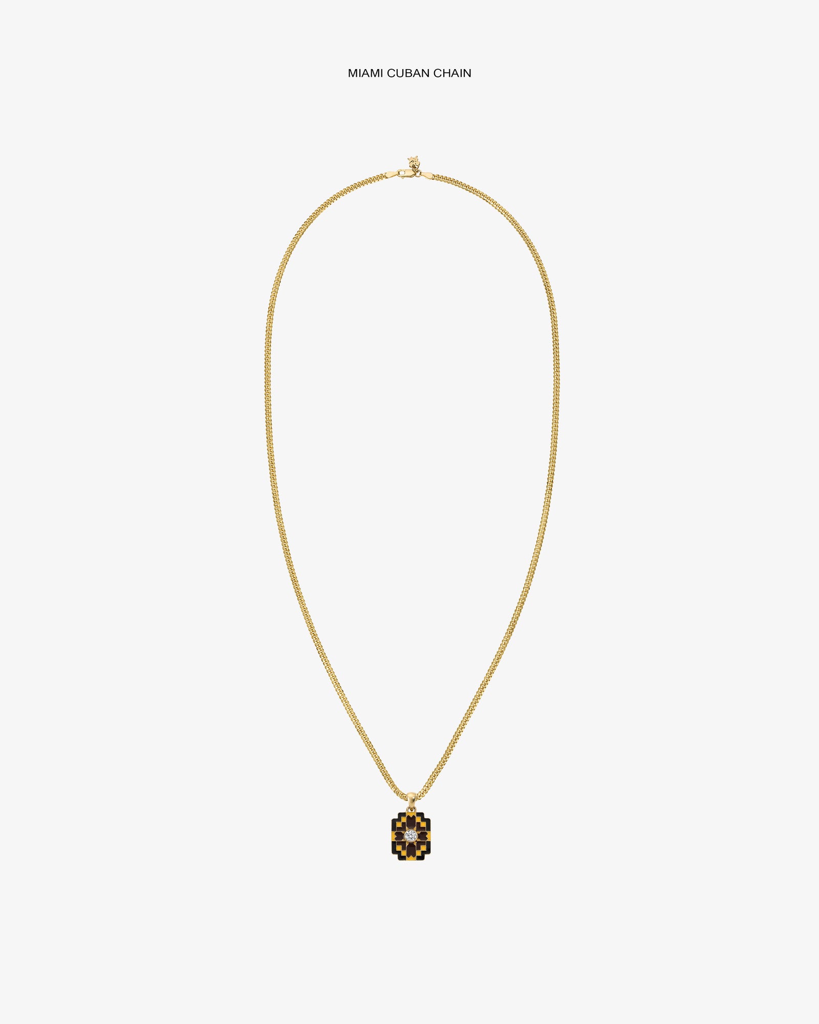 Diamond Mosaic Pendant gold Miami Cuban chain necklace, shown on a plain white background.