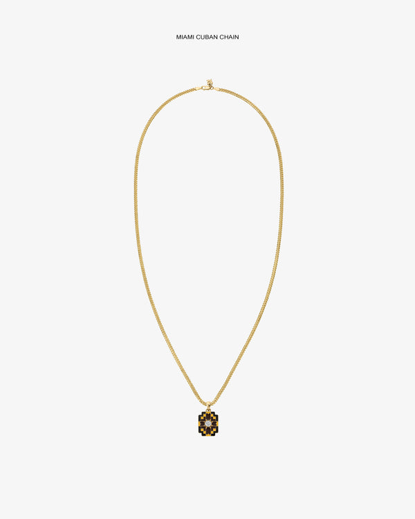 Diamond Mosaic Pendant gold Miami Cuban chain necklace, shown on a plain white background.