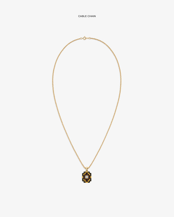 Diamond Mosaic Pendant on a gold cable chain, featuring black and gold, displayed against a white background.