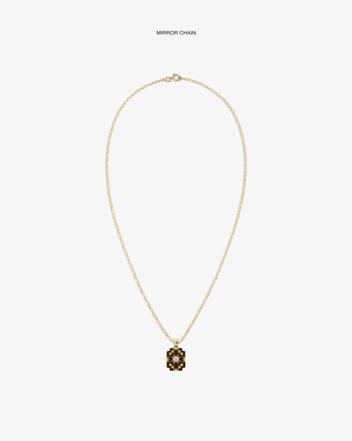 Diamond Mosaic Pendant: a gold chain necklace with a geometric black and gold pendant on white background.