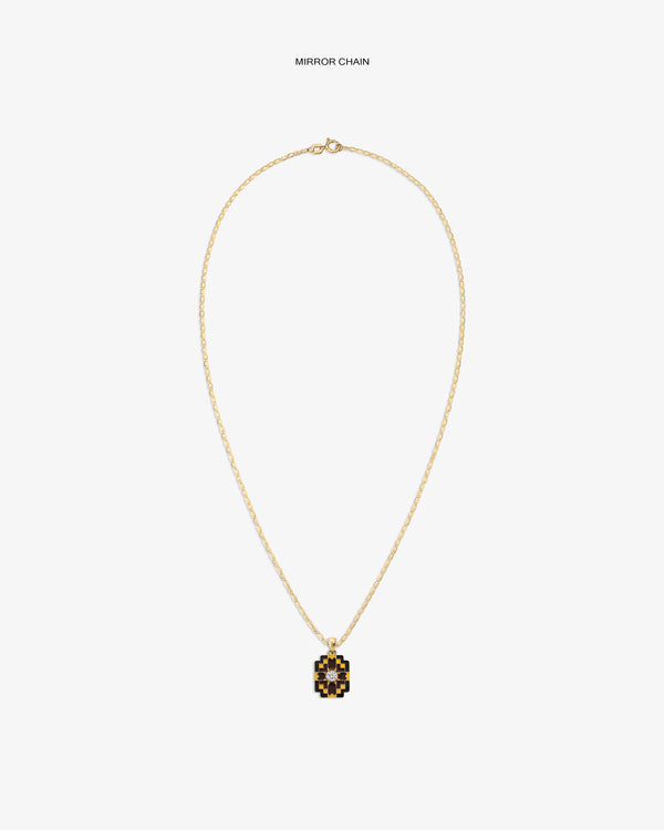 Diamond Mosaic Pendant: a gold chain necklace with a geometric black and gold pendant on white background.