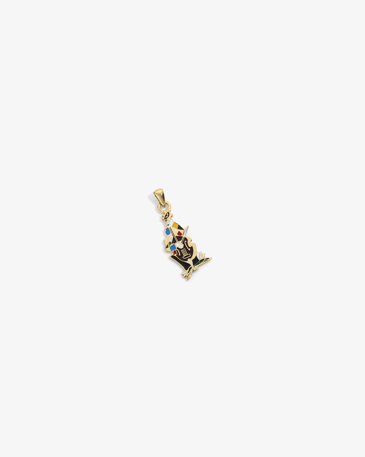 14Kt gold musician pendant with red, blue, and white enamel details on a plain white background.