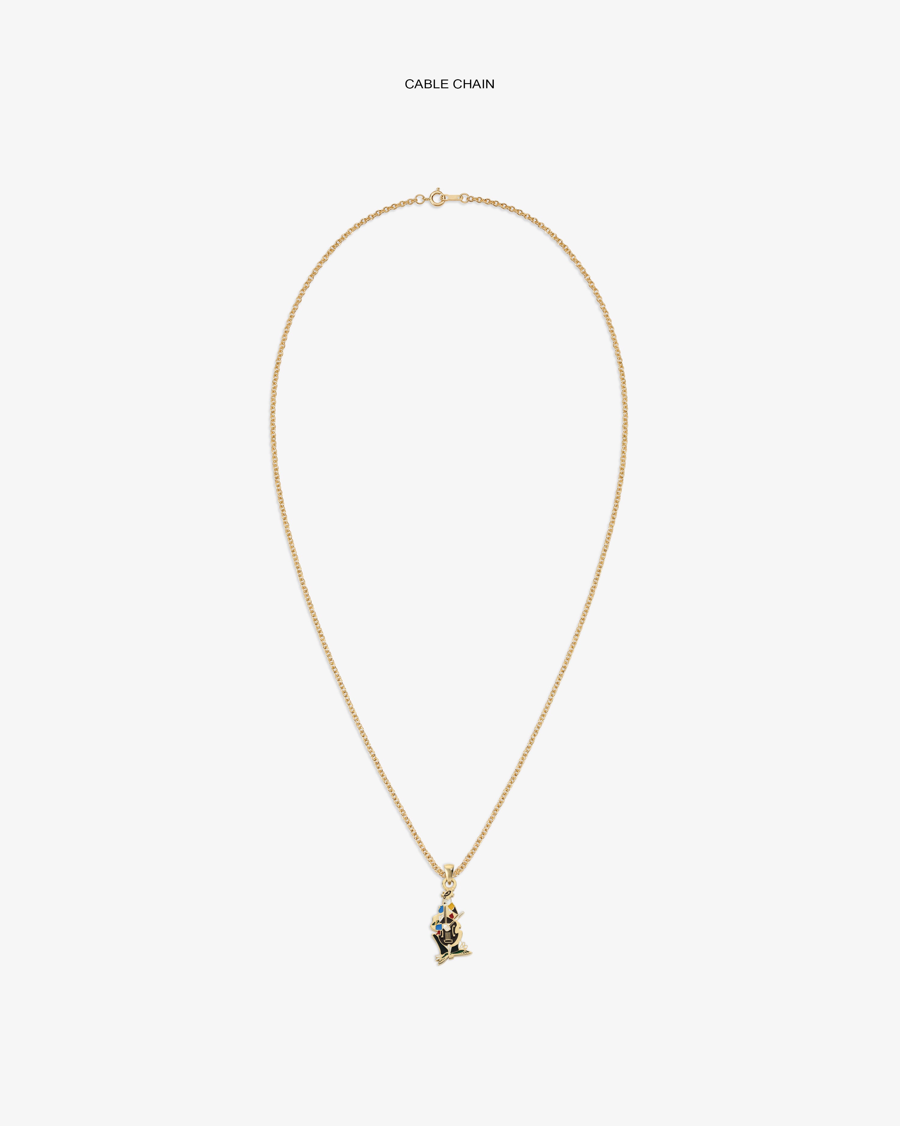 14Kt Gold Musician Pendant on a cable chain, shown centered on white background.