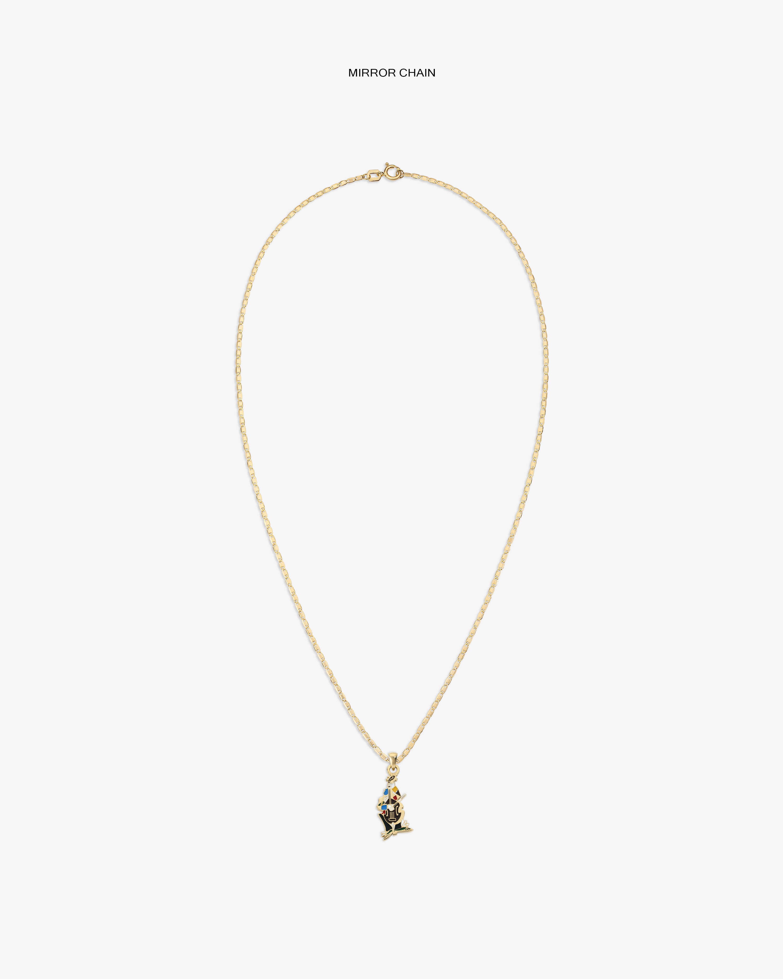 14Kt Gold Musician Pendant necklace on a plain white background with pendant centered on gold chain.