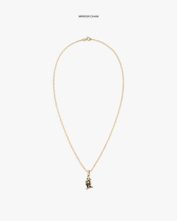 14Kt Gold Musician Pendant necklace on a plain white background with pendant centered on gold chain.