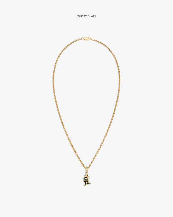 14Kt Gold Musician Pendant on a wheat chain, shown on a plain white background.