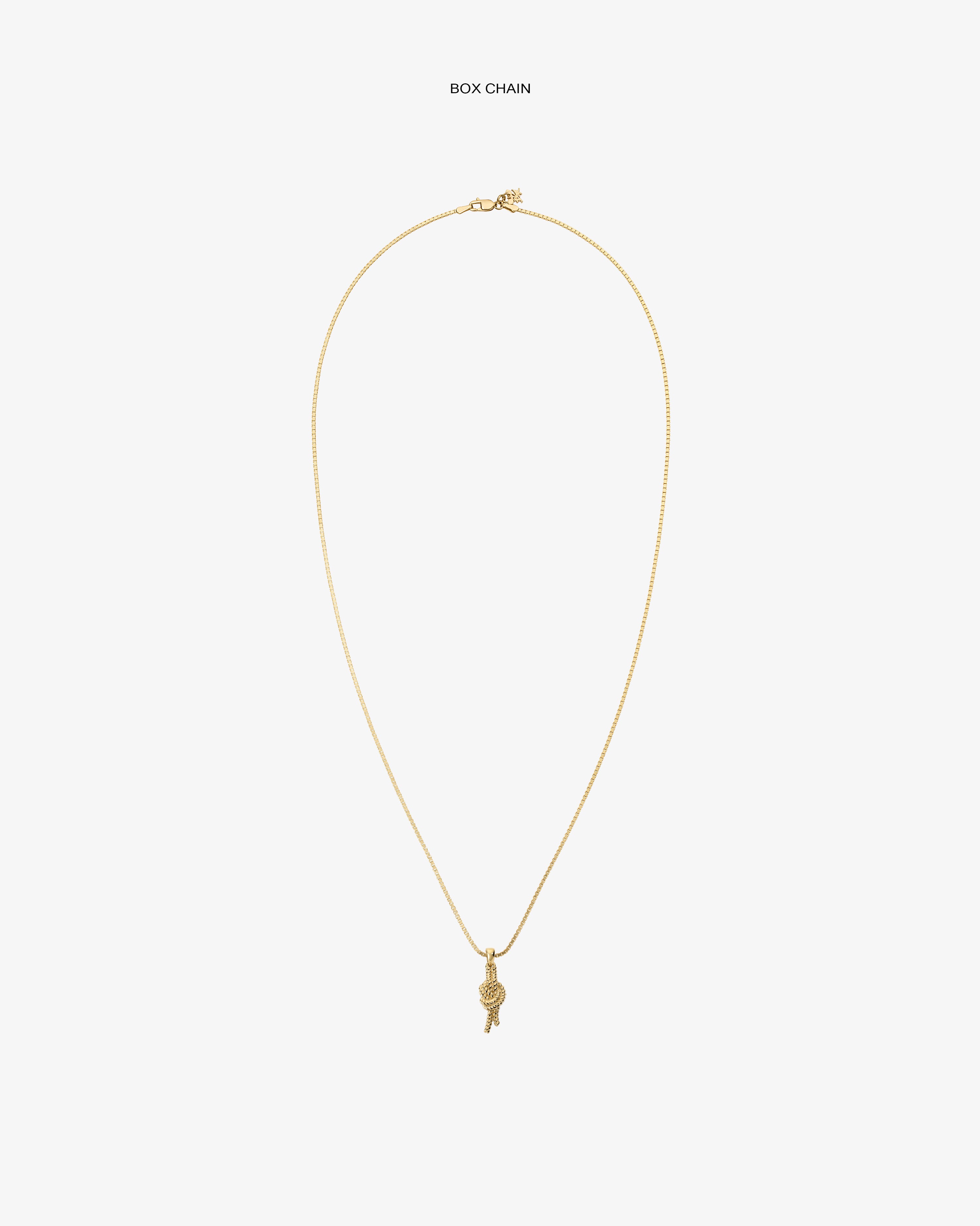 A 14Kt gold box chain necklace with a nautical knot pendant, displayed on a plain white background.