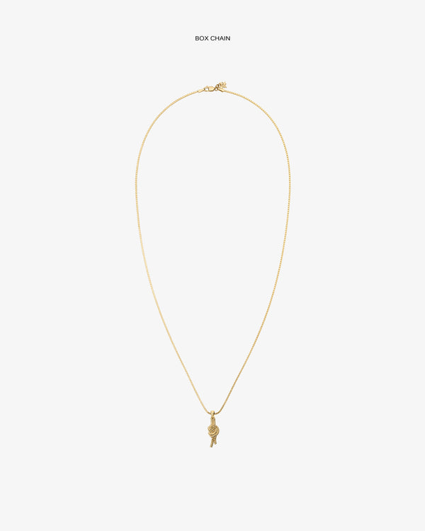 A 14Kt gold box chain necklace with a nautical knot pendant, displayed on a plain white background.