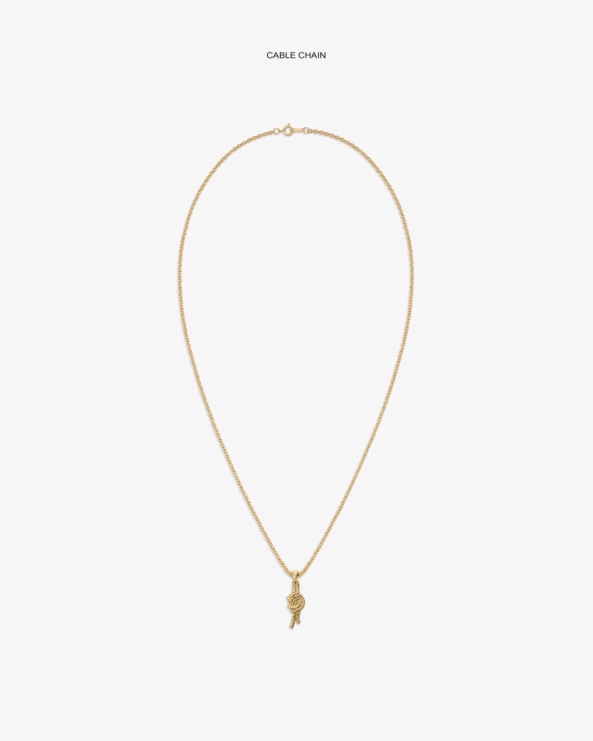 14Kt gold cable chain necklace with a small nautical knot pendant, displayed on a white background.