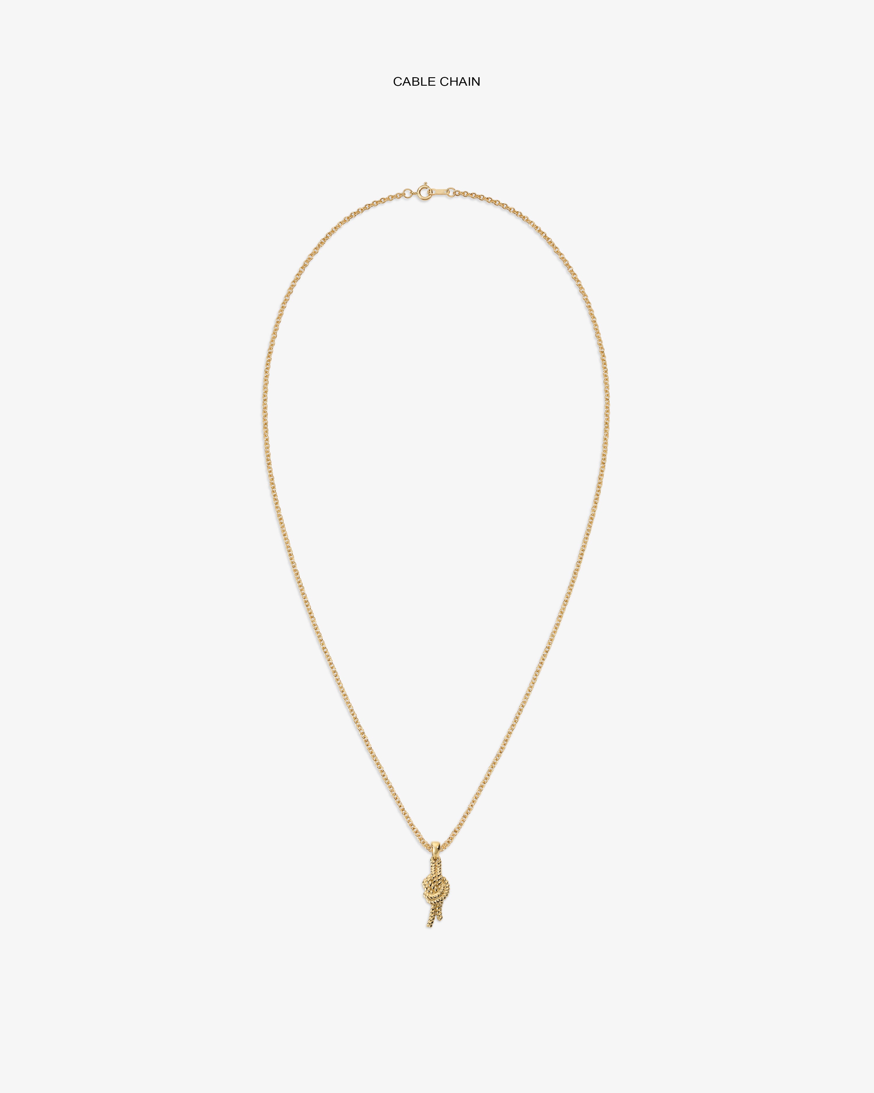 14Kt gold cable chain necklace with a small nautical knot pendant, displayed on a white background.