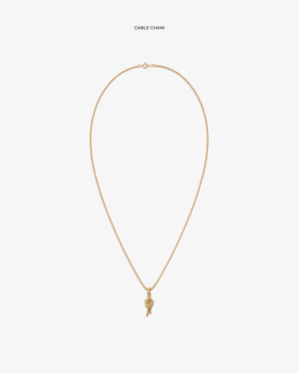 14Kt gold cable chain necklace with a small nautical knot pendant, displayed on a white background.