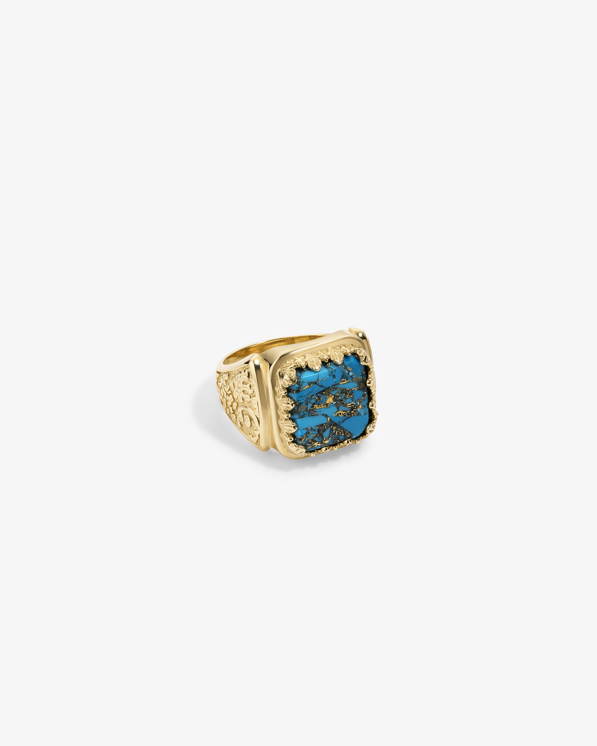 14Kt Gold Turquoise Inlay Ring with an ornate band and a large square turquoise stone with natural patterns.