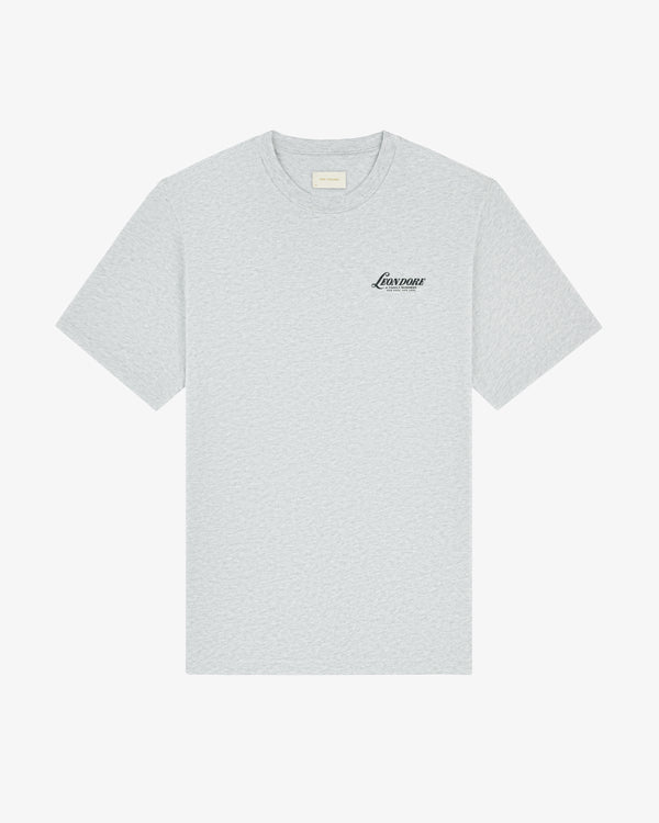 Light gray Leon Dore Tee with black Loverose script on the left chest.