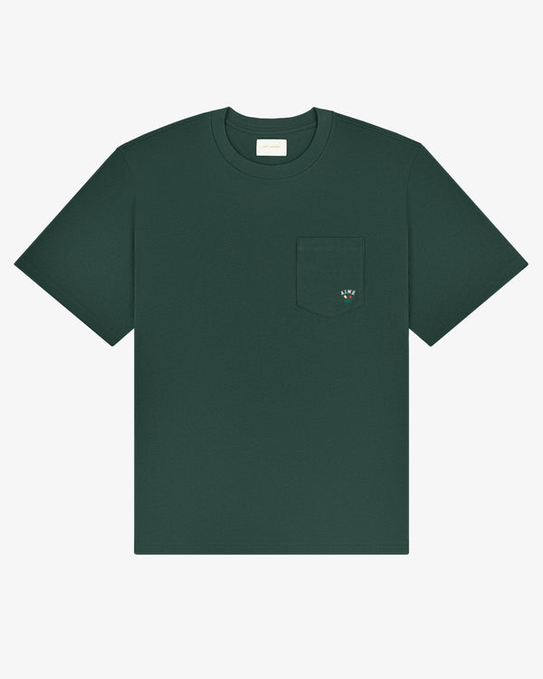 Crest Pocket Tee: dark green, short sleeves, chest pocket with small embroidered design.