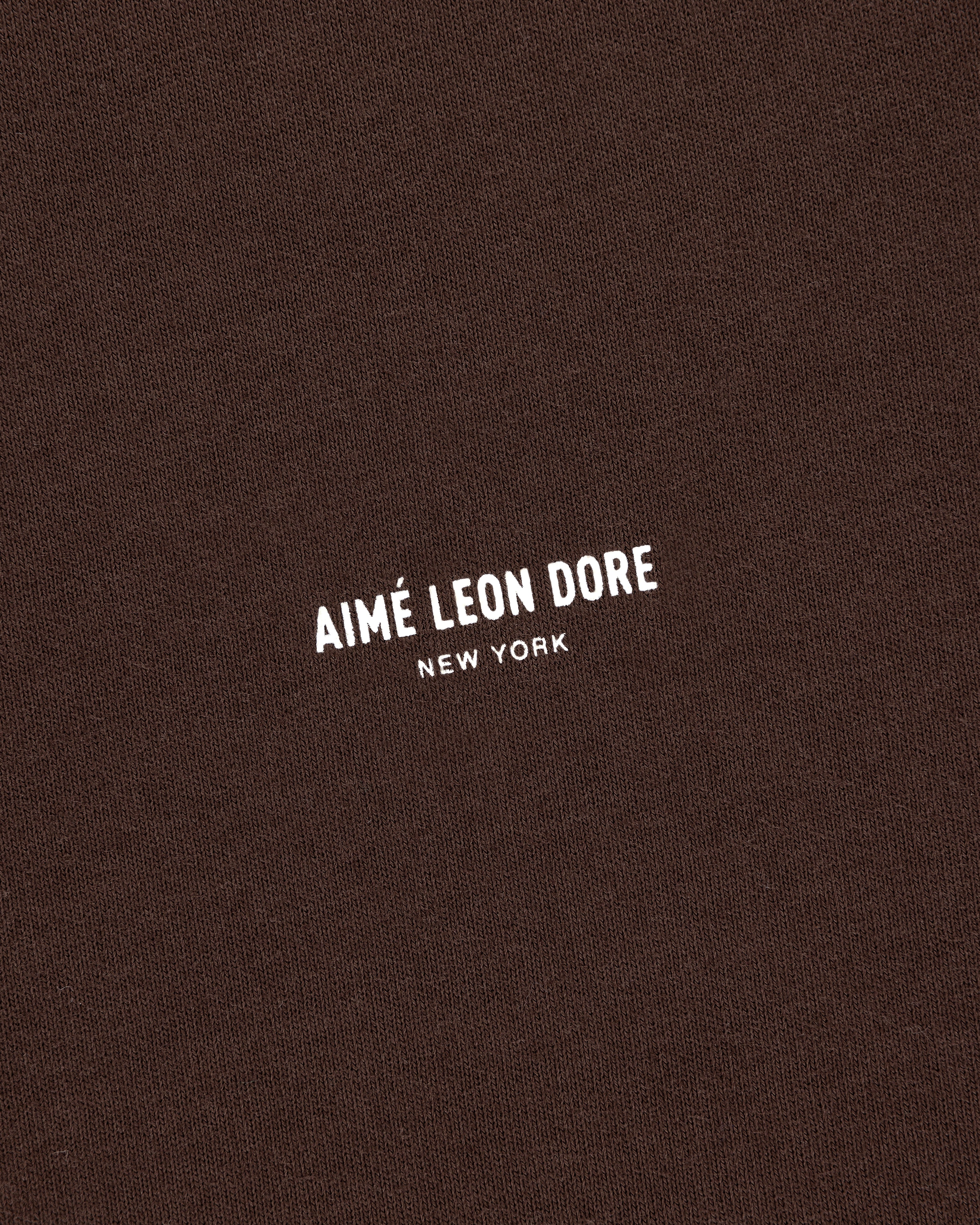 Brown Micro Logo Tee with white AIMÉ LEON DORE NEW YORK text printed at the center.