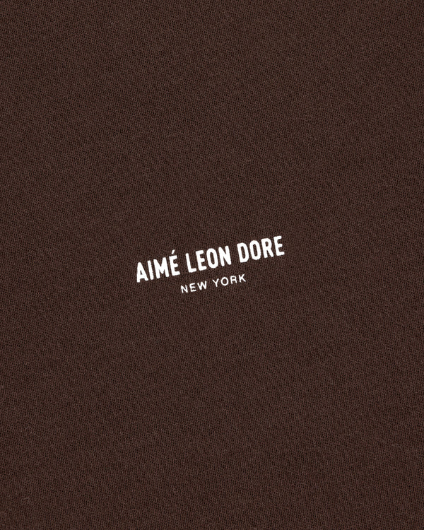 Brown Micro Logo Tee with white AIMÉ LEON DORE NEW YORK text printed at the center.