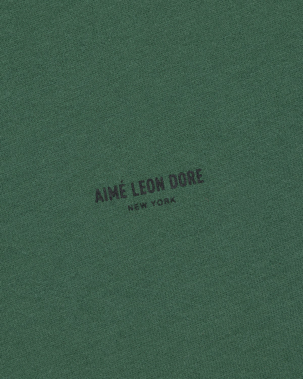 Green Micro Logo Tee with small black "AIMÉ LEON DORE NEW YORK" text printed in the center.