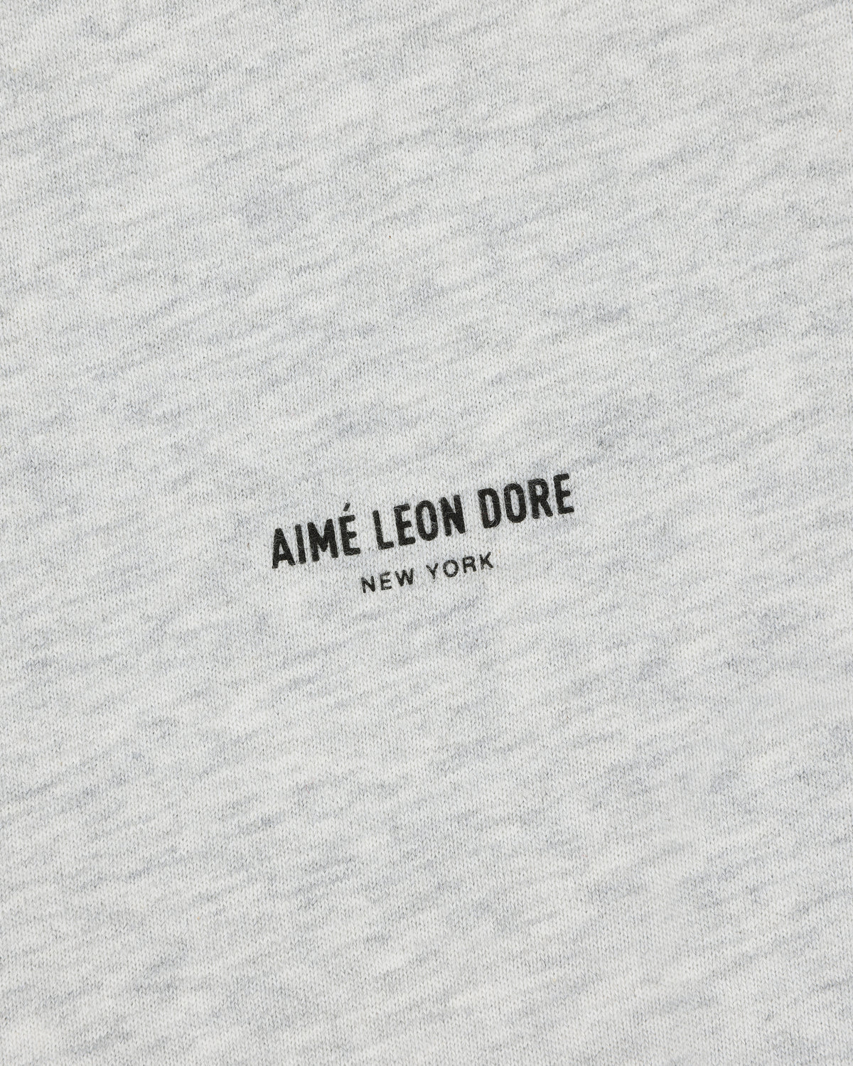 Close-up of light gray Micro Logo Tee with black, all-caps "AIMÉ LEON DORE NEW YORK" printed at the center.