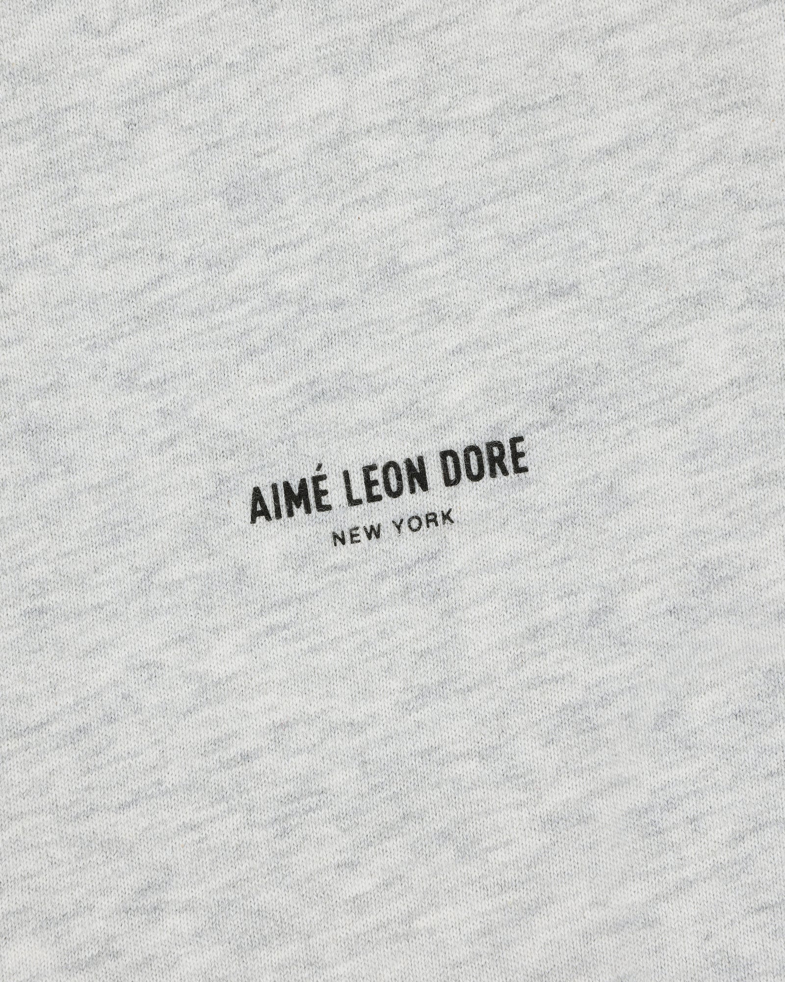 Close-up of light gray Micro Logo Tee with black, all-caps "AIMÉ LEON DORE NEW YORK" printed at the center.