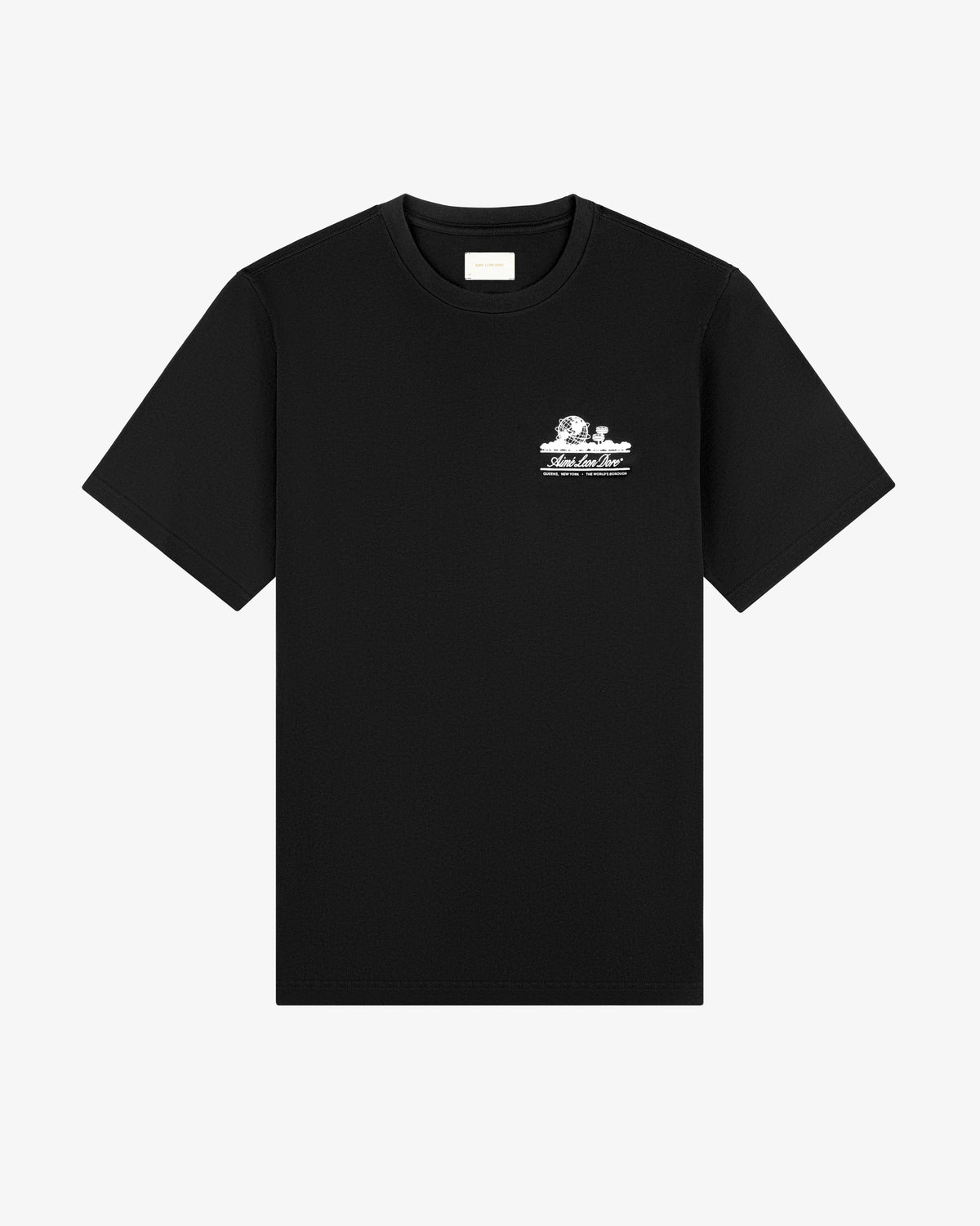 Unisphere Tee: Black short-sleeve shirt with small white graphic and text on left chest, shown on plain background.