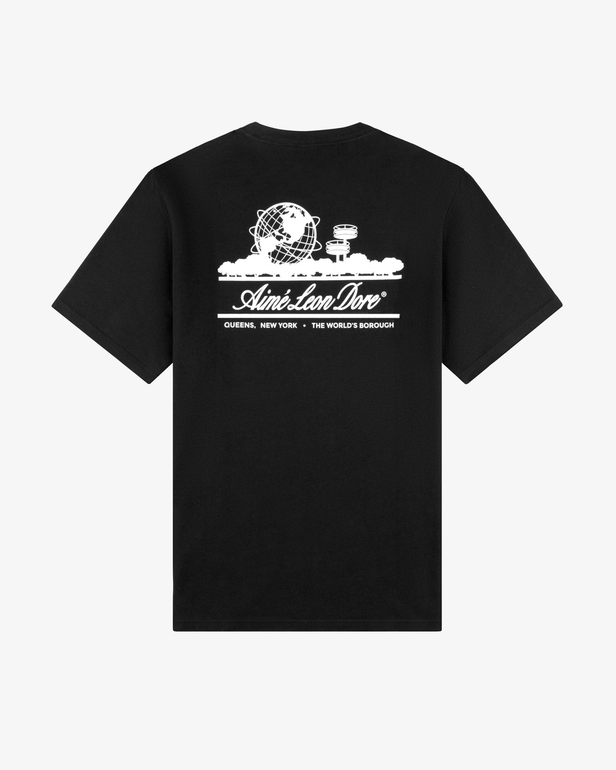 Unisphere Tee: Black tee with white Unisphere graphic and "Aimé Leon Dore Queens, NY – The World’s Borough" on back.