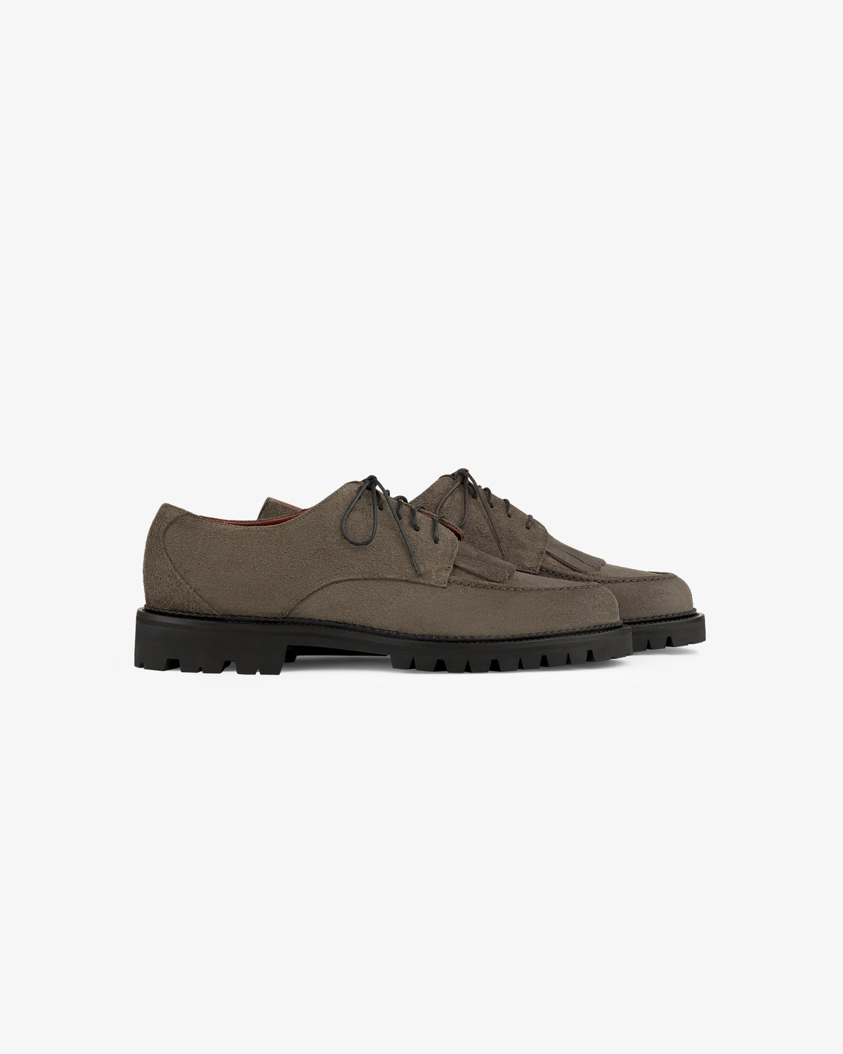 Suede Lug Sole Derby in taupe with black rugged soles, lace-up style, shown on a white background.