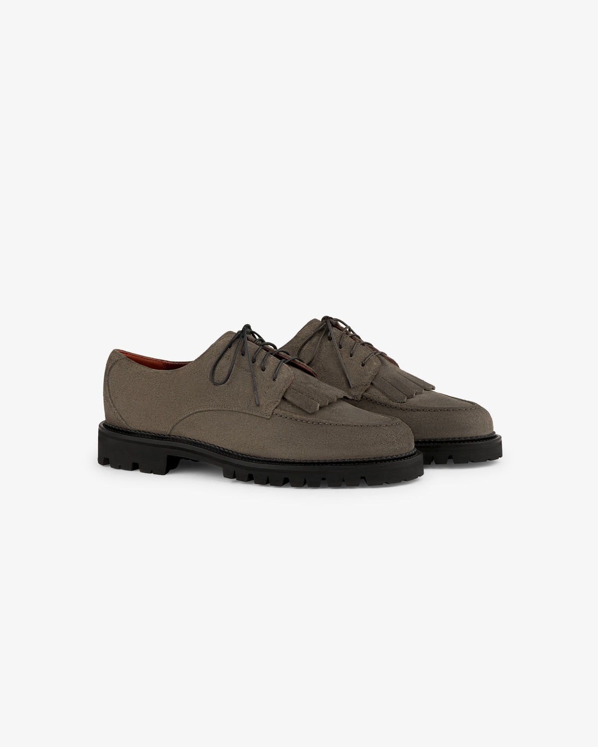 Gray Suede Lug Sole Derby shoes with lace-up front, tassels, and black lug soles.