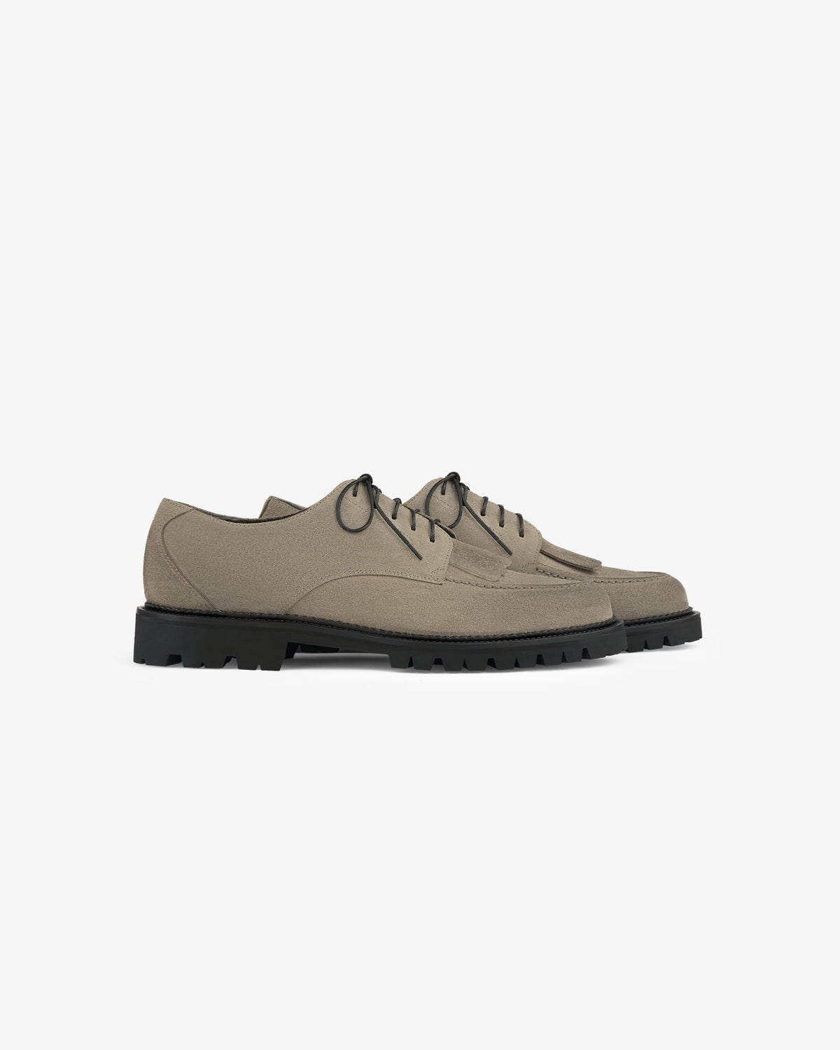 Suede Lug Sole Derby in taupe with black soles, lace-up style, shown on a white background.