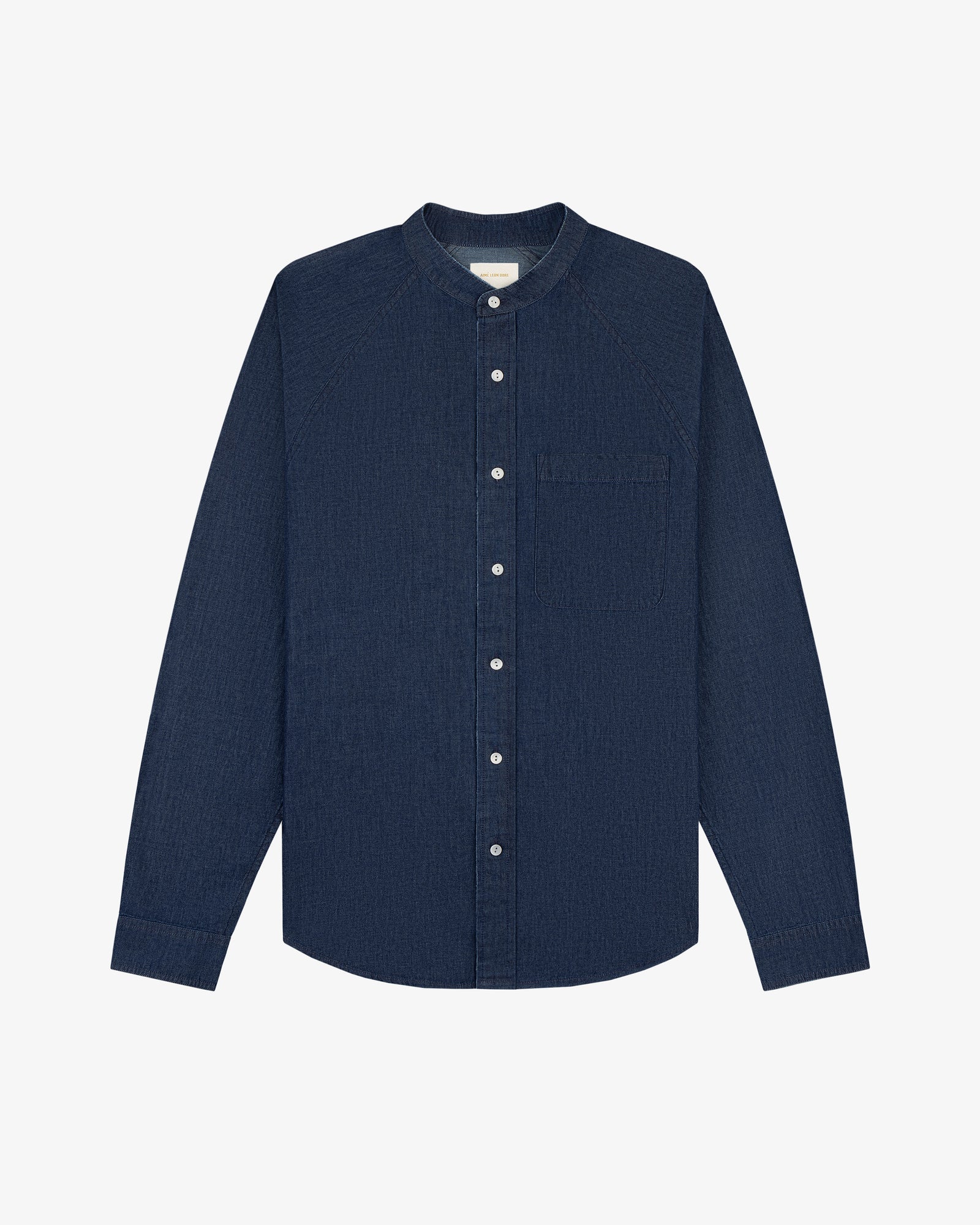 Denim Collarband Shirt in dark blue, long-sleeve, button-up with chest pocket, displayed flat on white background.